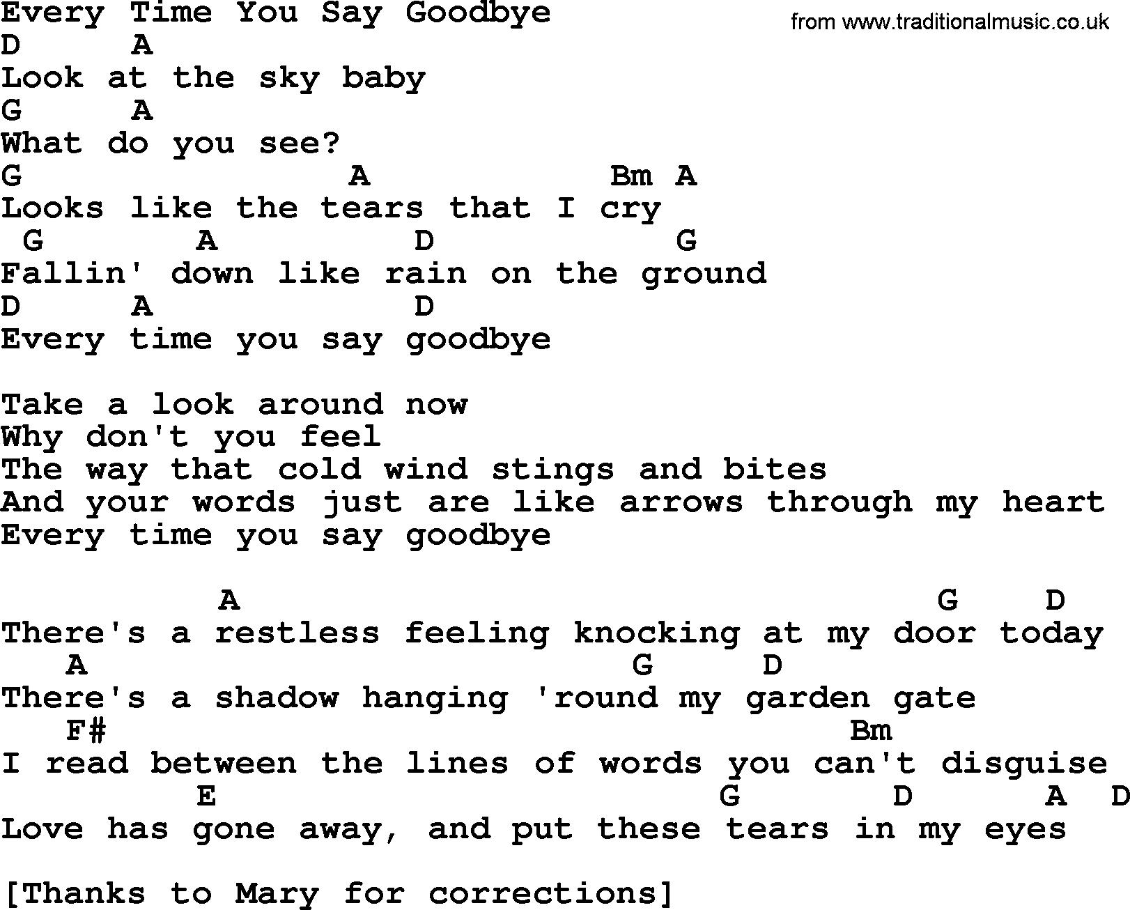 Bluegrass song: Every Time You Say Goodbye, lyrics and chords