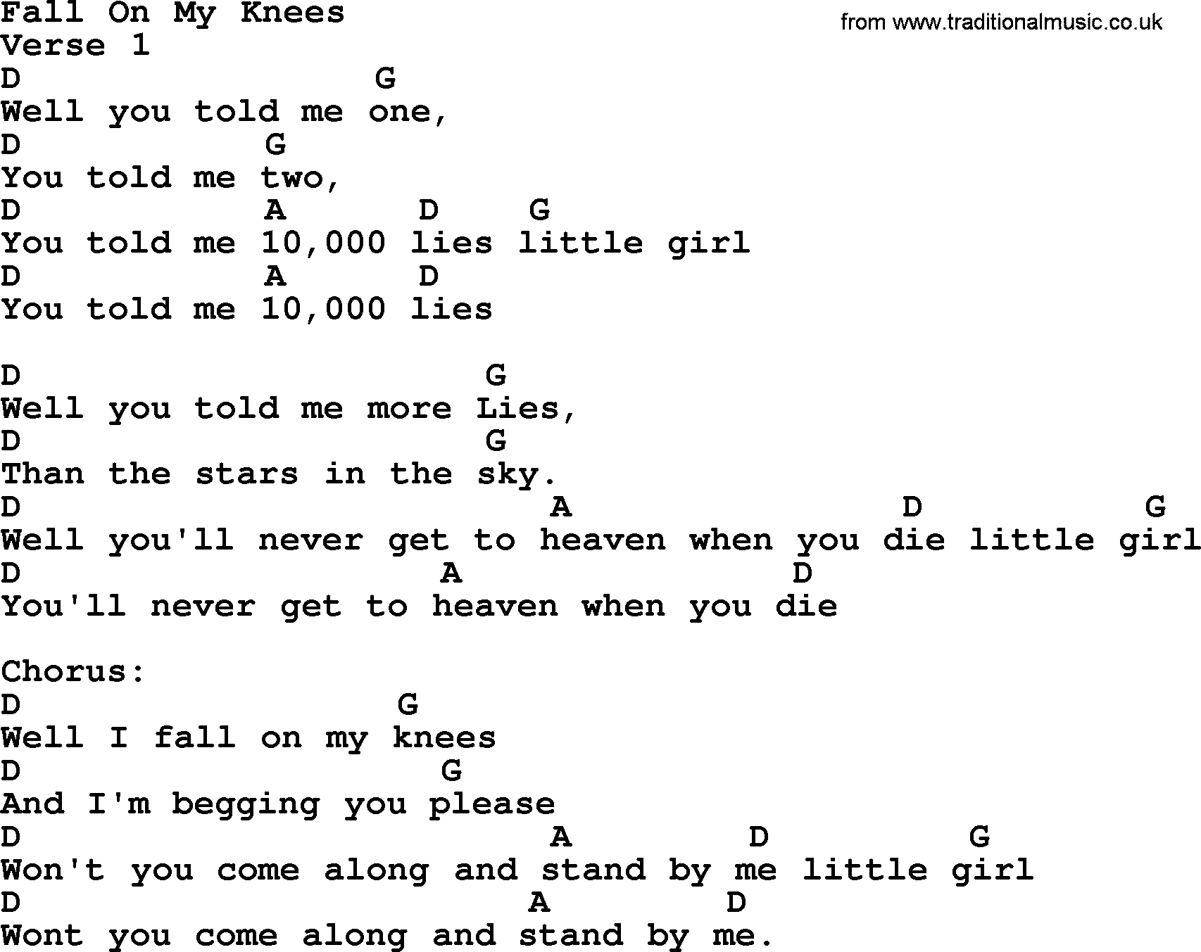 Bluegrass song: Fall On My Knees, lyrics and chords