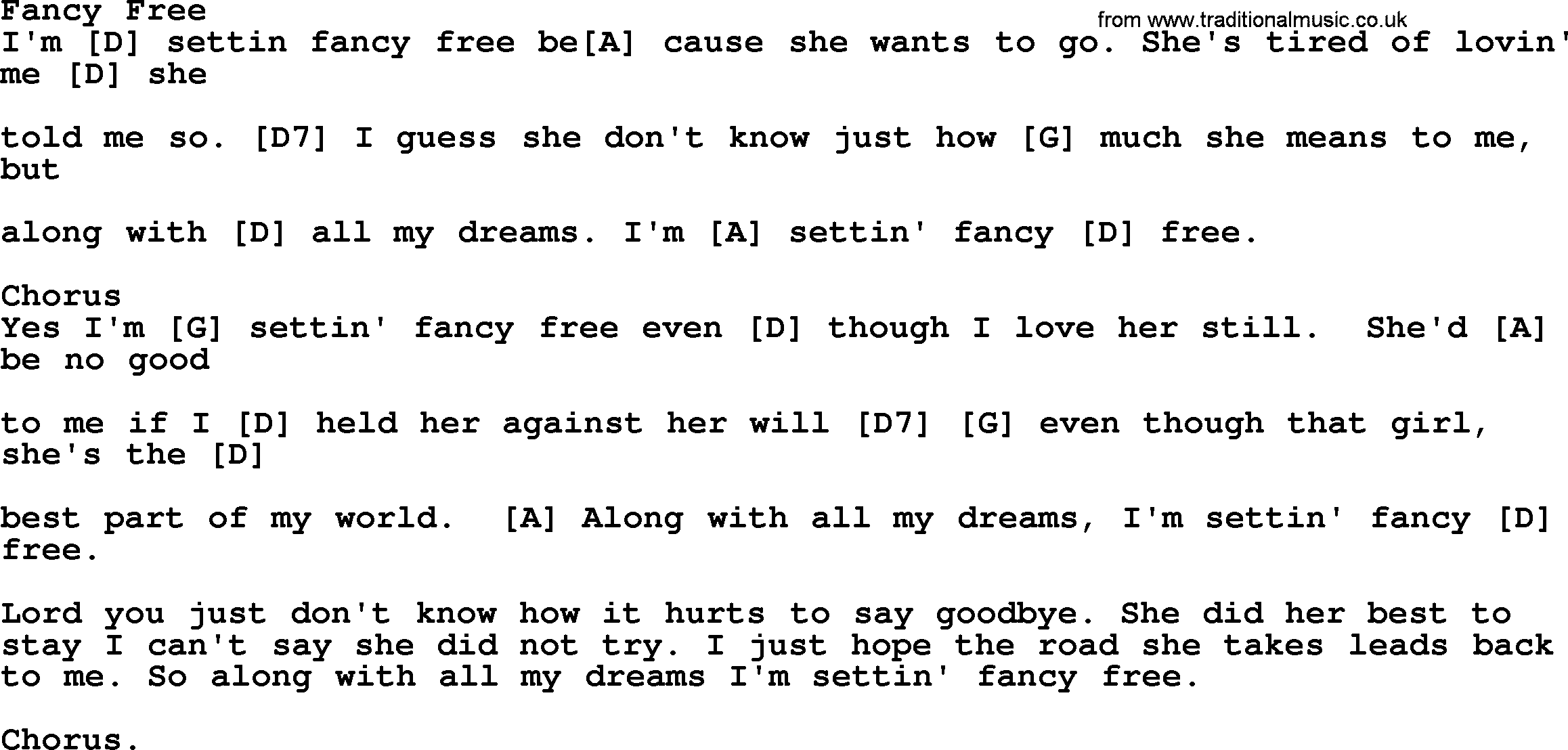 Bluegrass song: Fancy Free, lyrics and chords