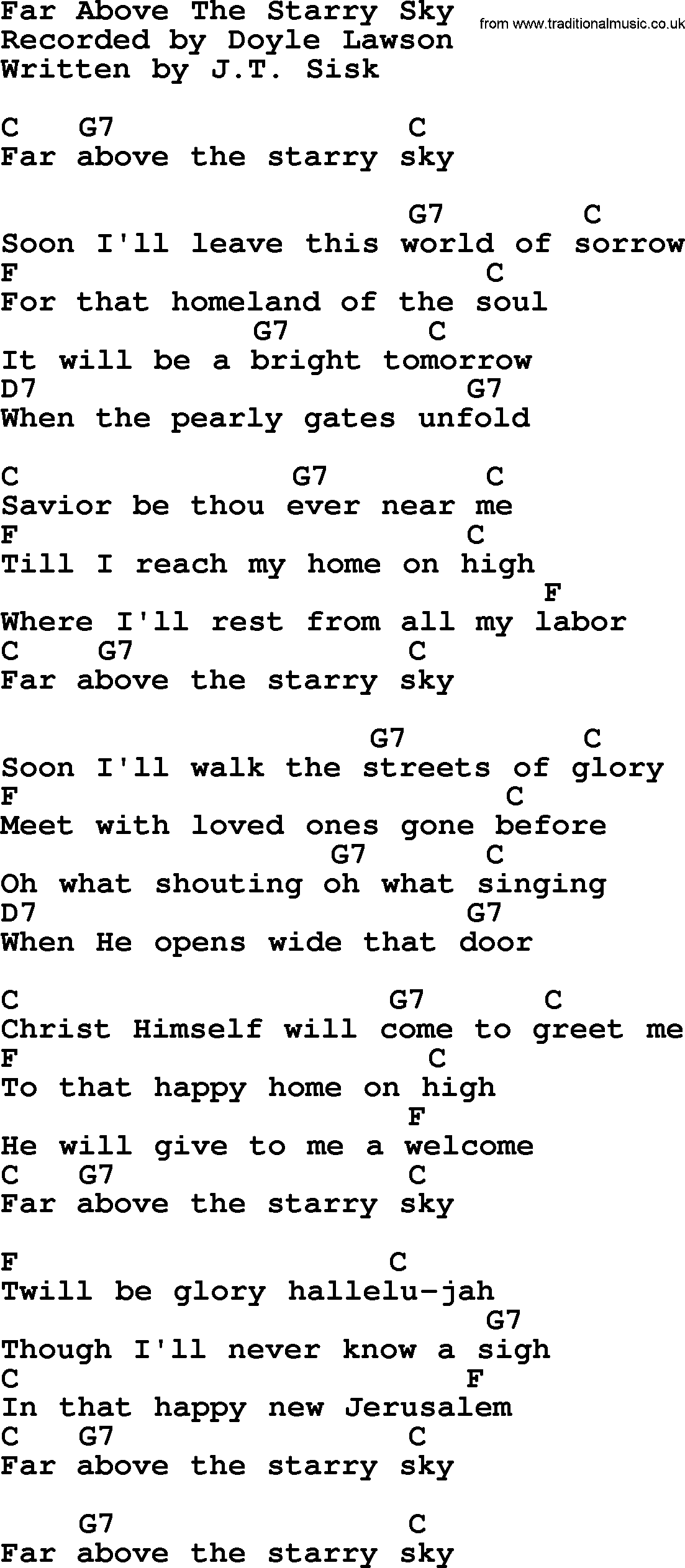 Bluegrass song: Far Above The Starry Sky, lyrics and chords