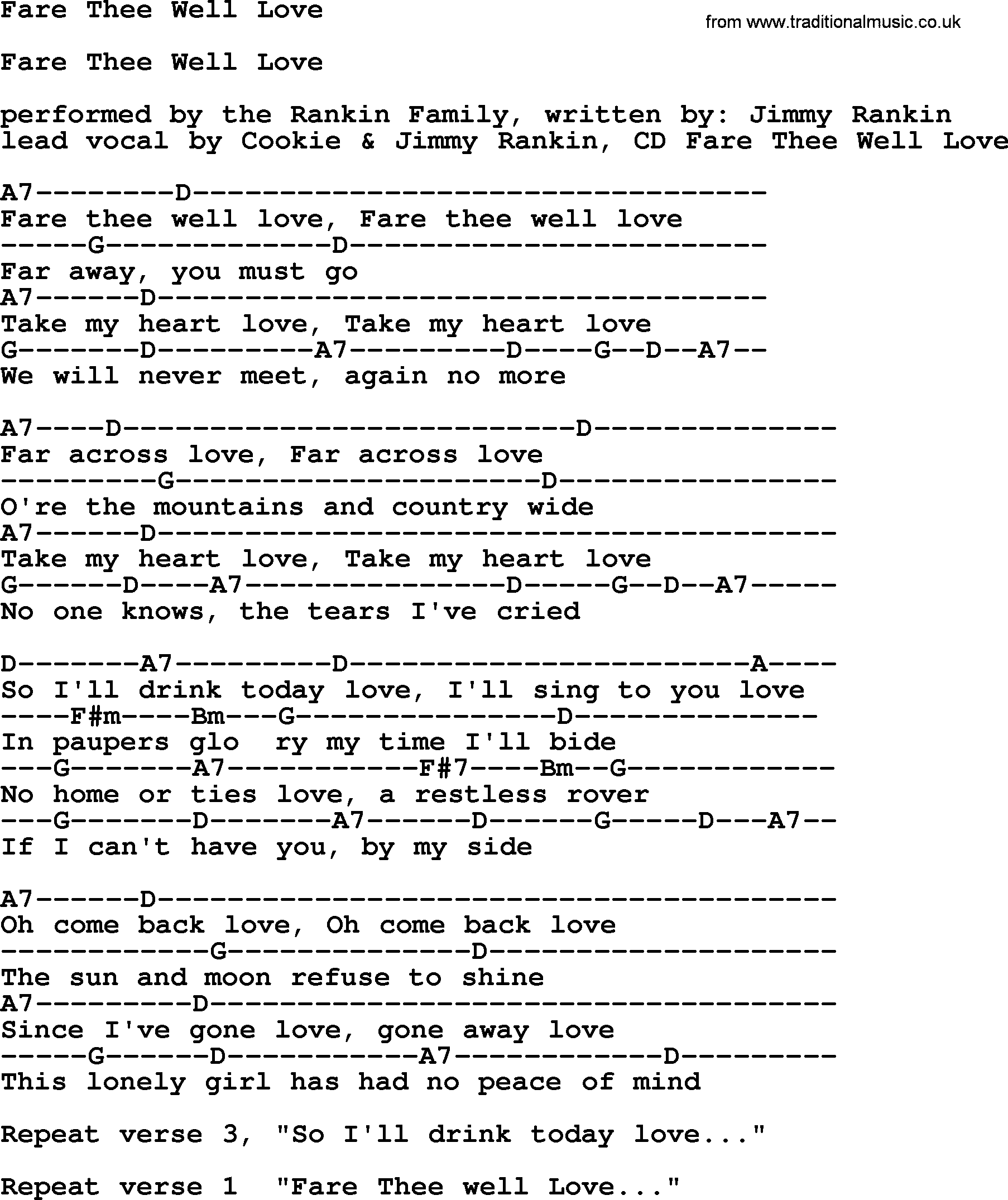 Bluegrass song: Fare Thee Well Love, lyrics and chords