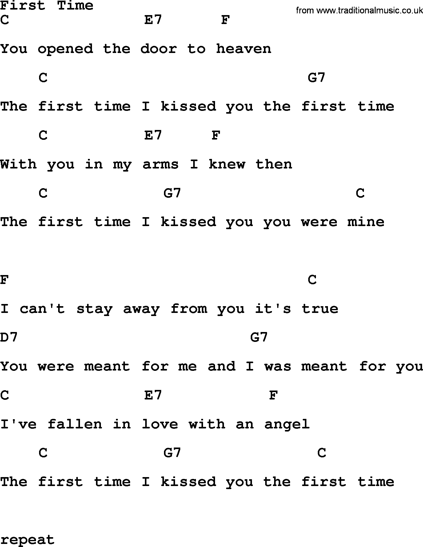 Bluegrass song: First Time, lyrics and chords