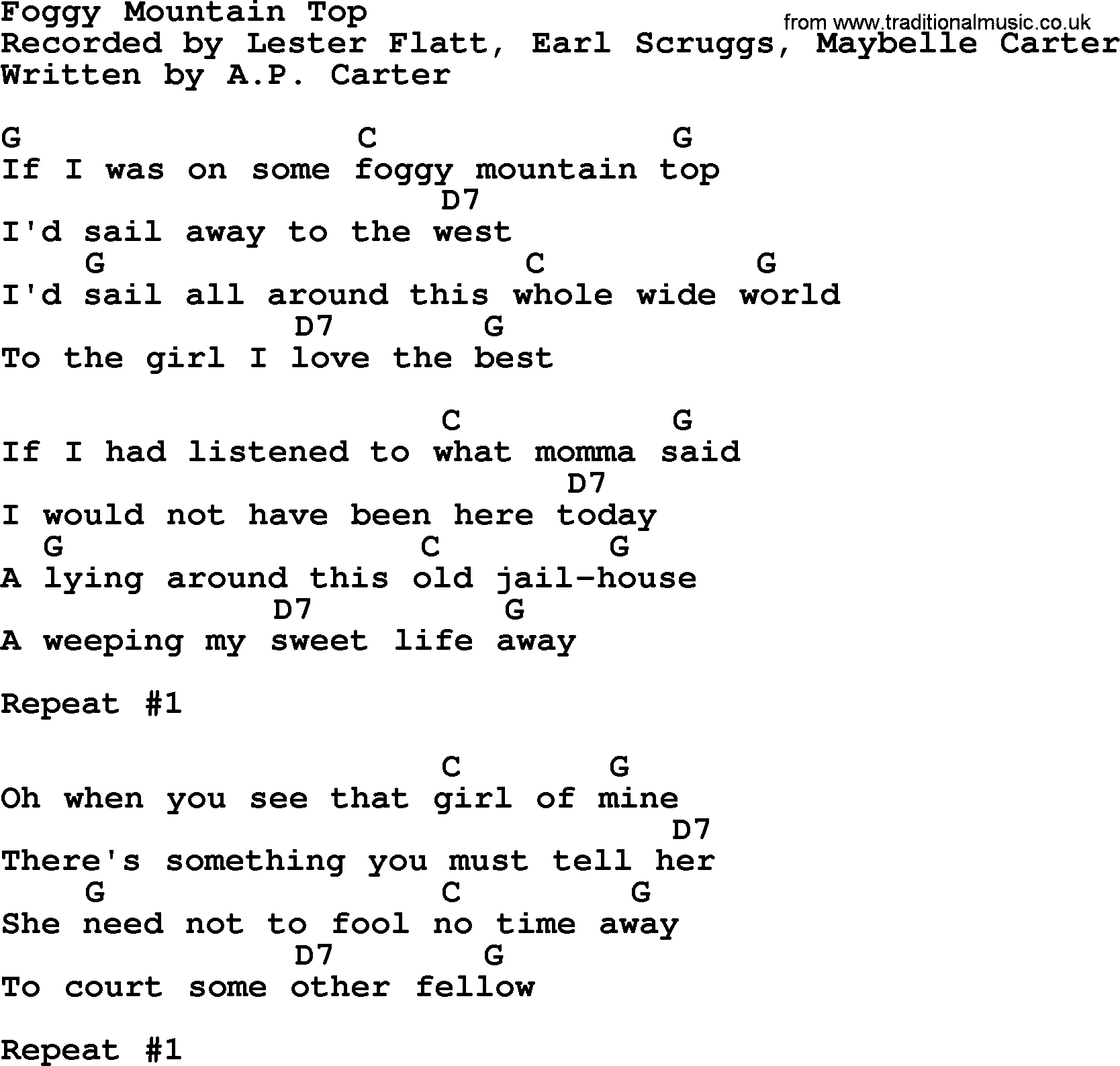Bluegrass song: Foggy Mountain Top, lyrics and chords
