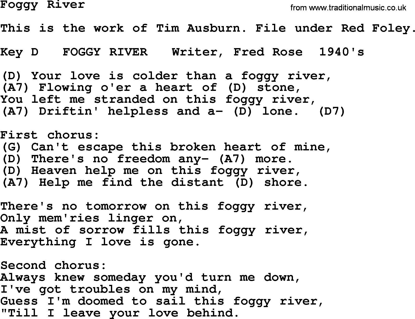 Bluegrass song: Foggy River, lyrics and chords