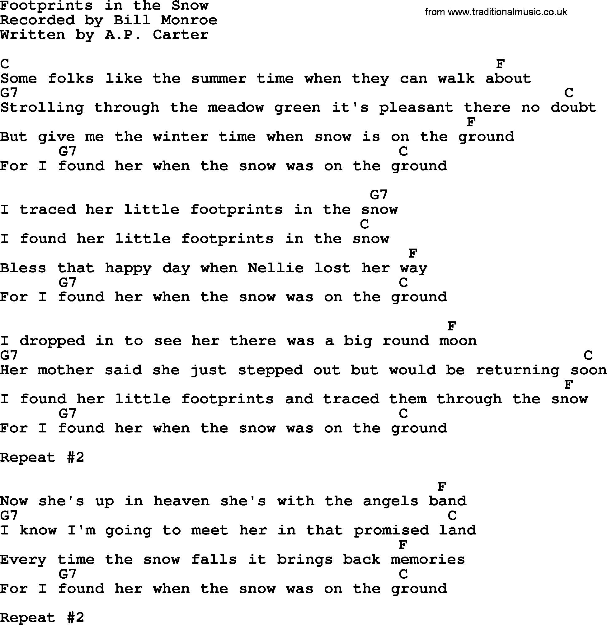 Bluegrass song: Footprints In The Snow, lyrics and chords