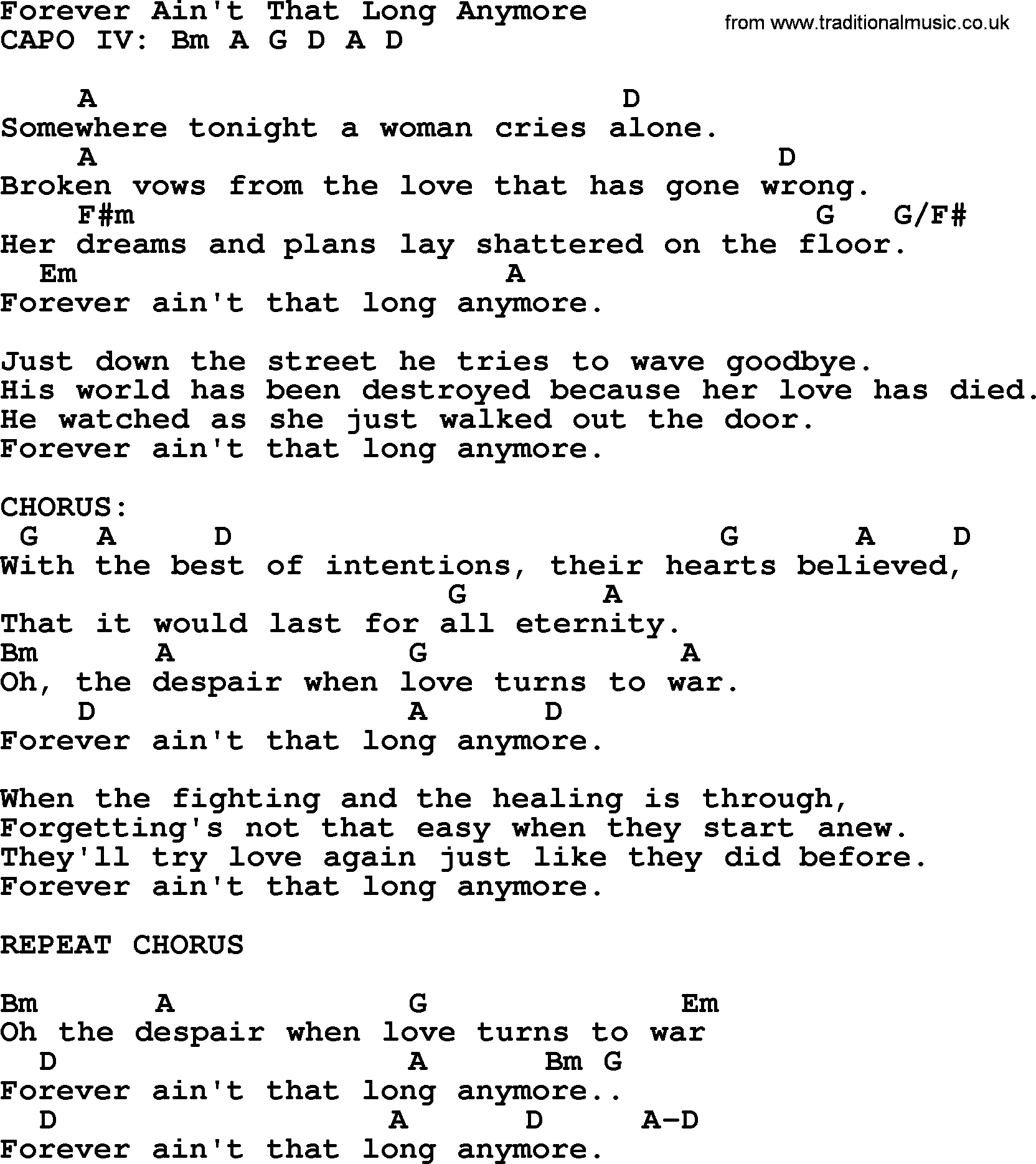 Bluegrass song: Forever Ain't That Long Anymore, lyrics and chords
