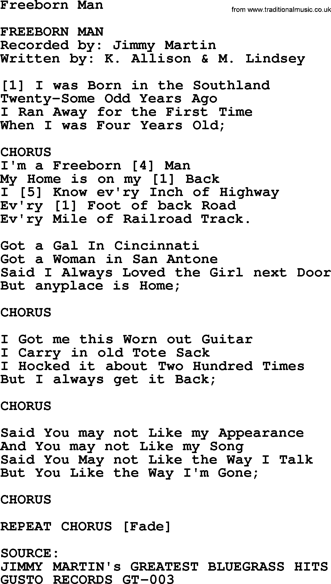 Bluegrass song: Freeborn Man, lyrics and chords