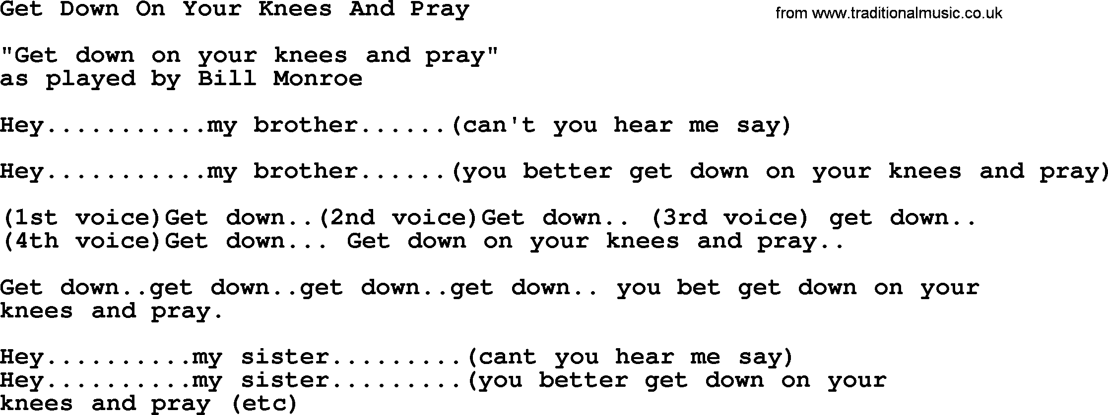 Bluegrass song: Get Down On Your Knees And Pray 1, lyrics and chords