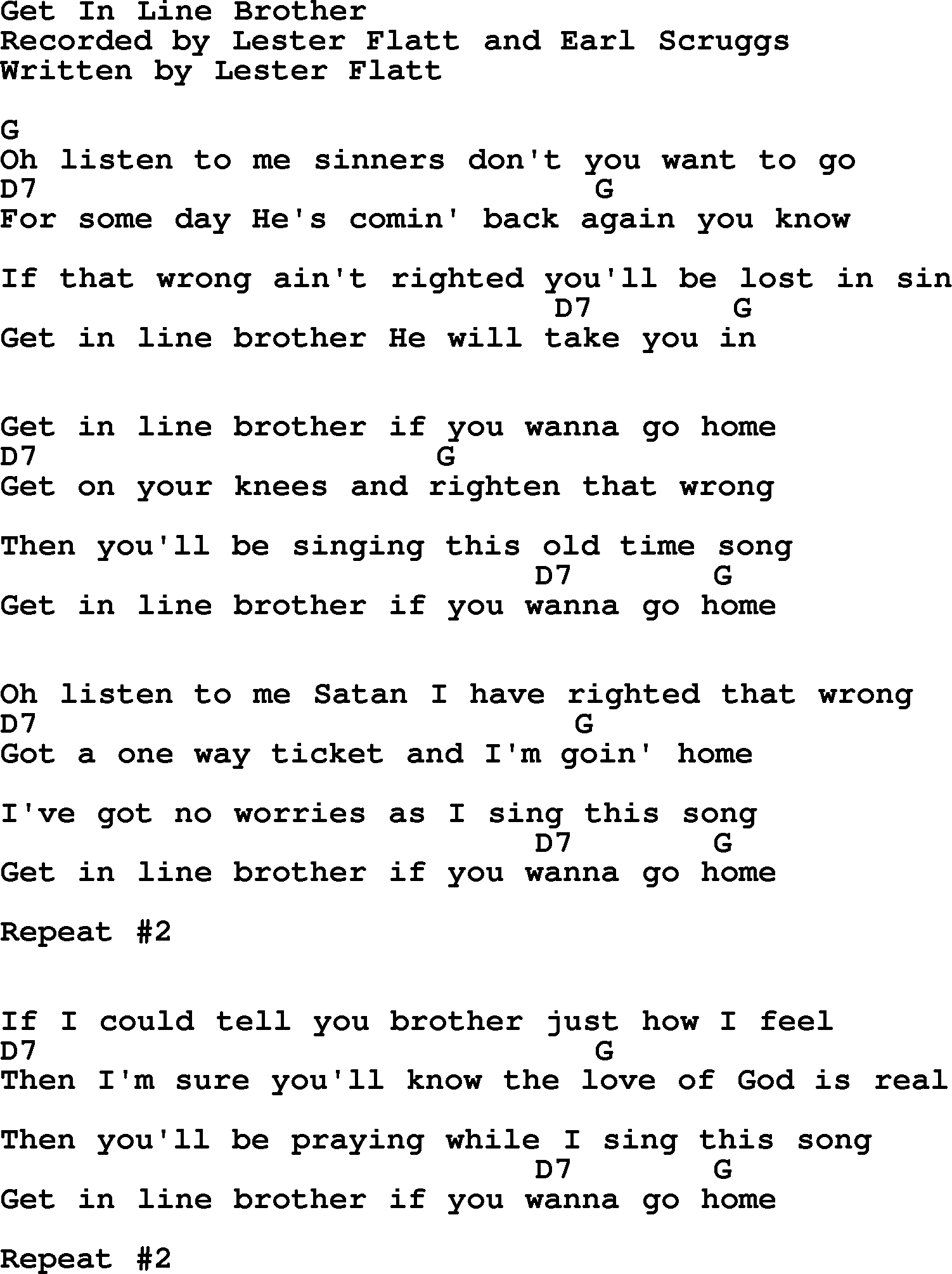 Bluegrass song: Get In Line Brother, lyrics and chords