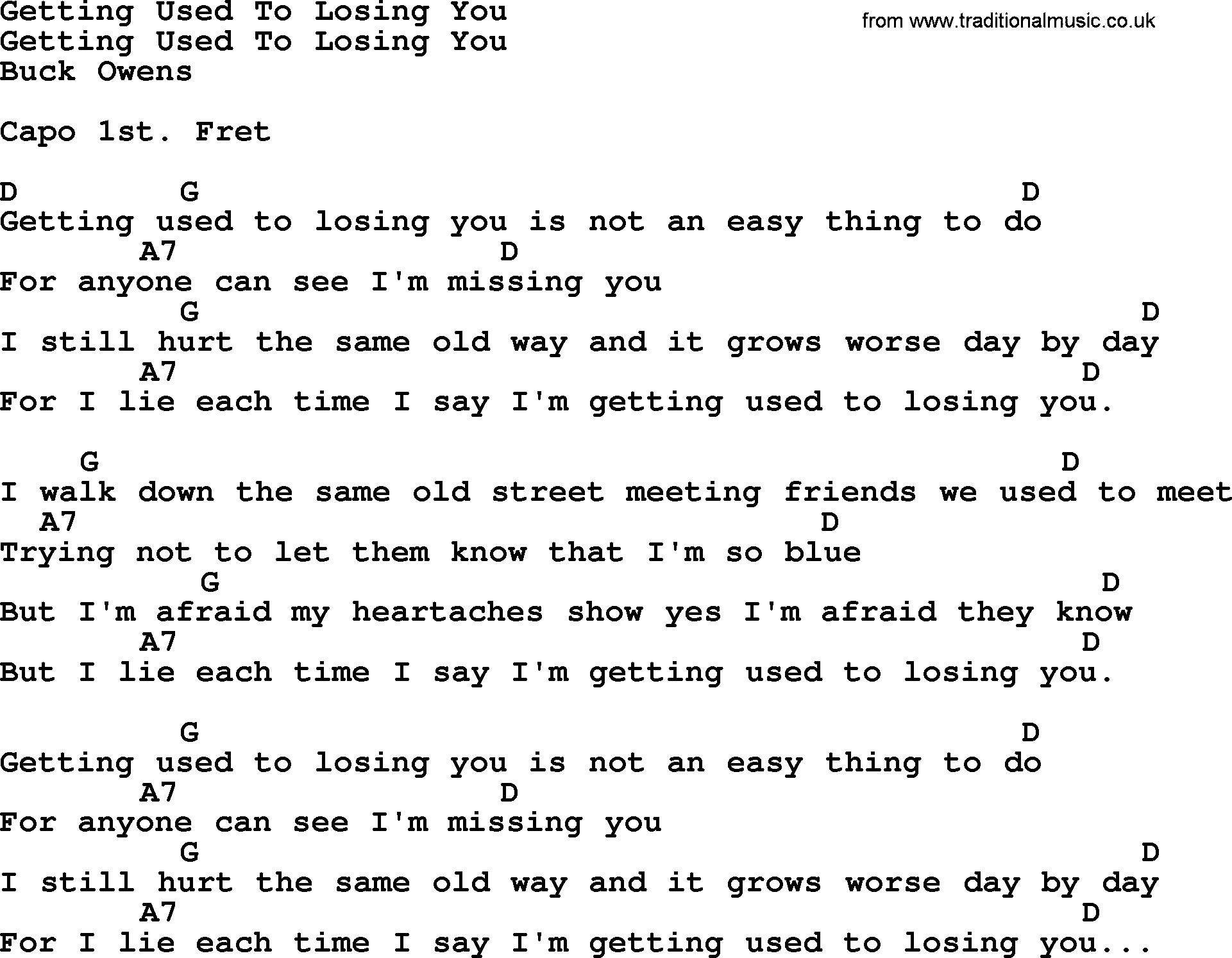 Bluegrass song: Getting Used To Losing You, lyrics and chords