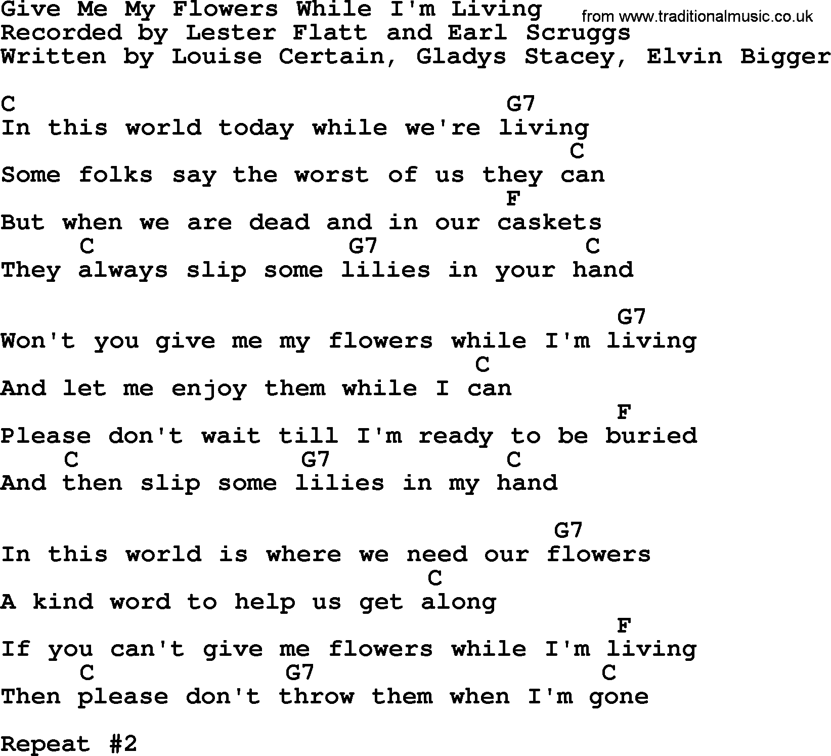 Bluegrass song: Give Me My Flowers While I'm Living, lyrics and chords