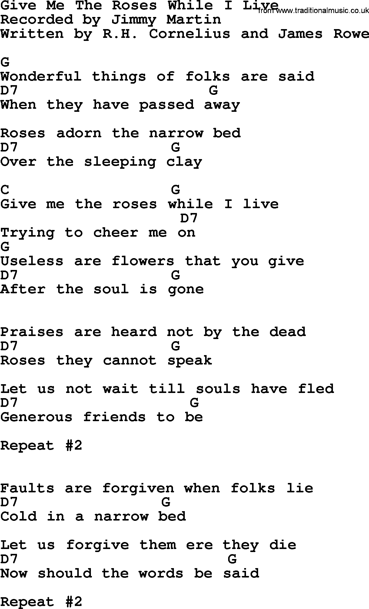 Bluegrass song: Give Me The Roses While I Live, lyrics and chords