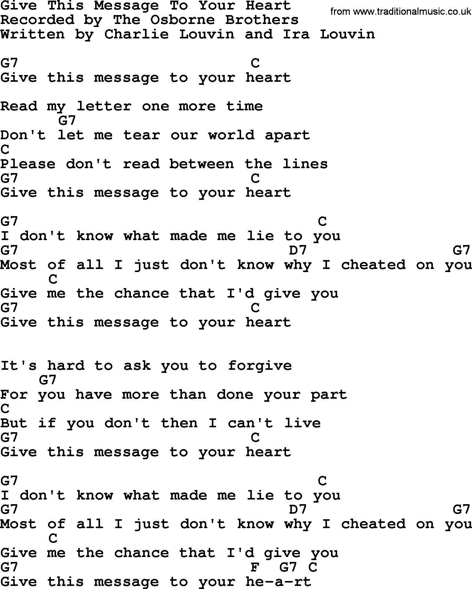 Bluegrass song: Give This Message To Your Heart, lyrics and chords