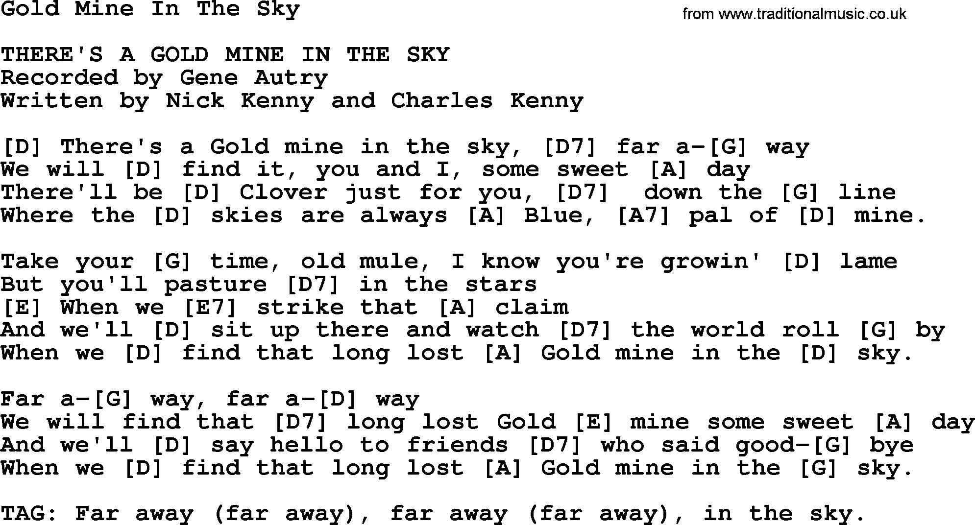 Bluegrass song: Gold Mine In The Sky, lyrics and chords
