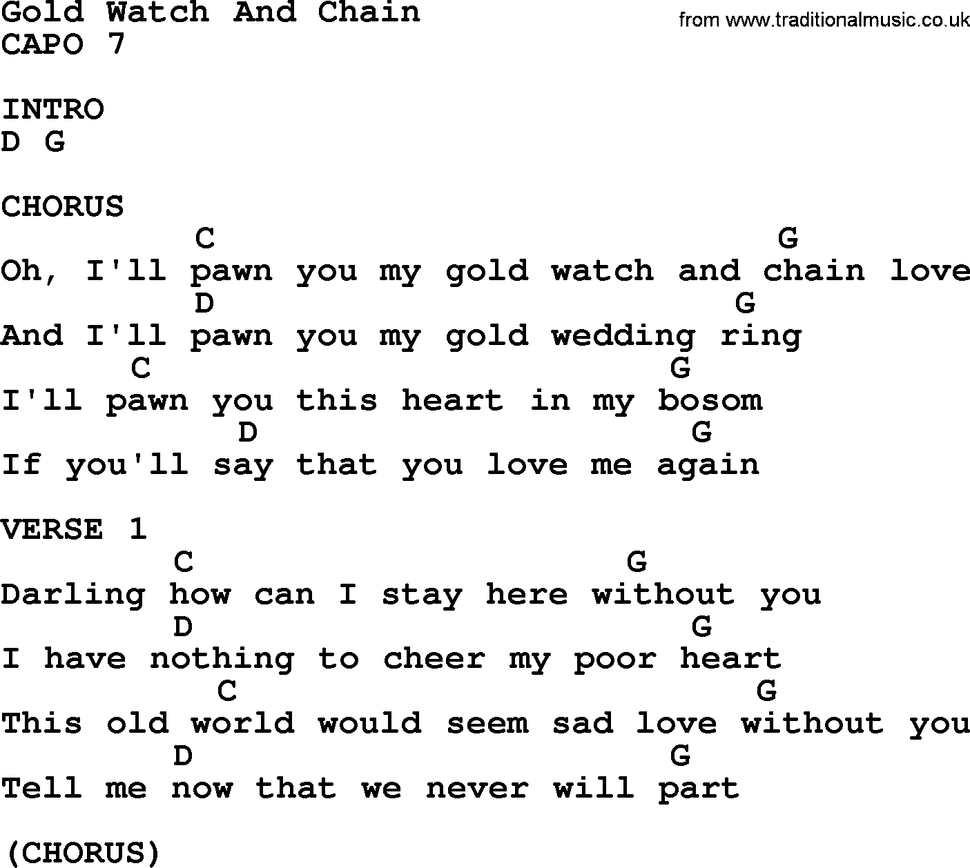 Bluegrass song: Gold Watch And Chain, lyrics and chords
