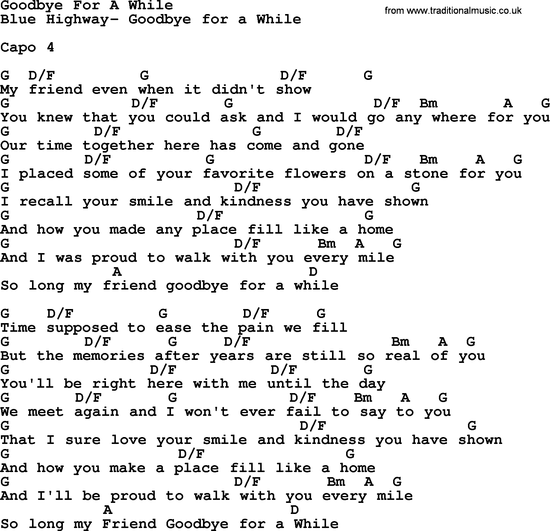 Bluegrass song: Goodbye For A While, lyrics and chords