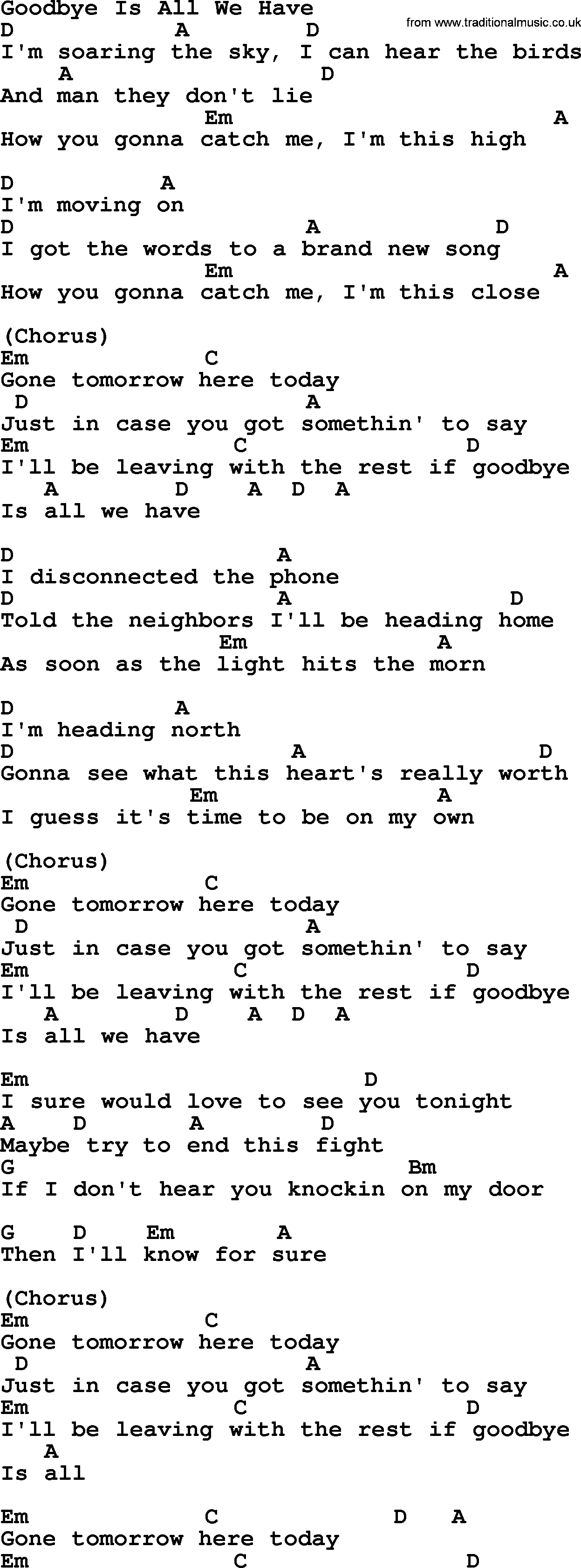 Bluegrass song: Goodbye Is All We Have, lyrics and chords