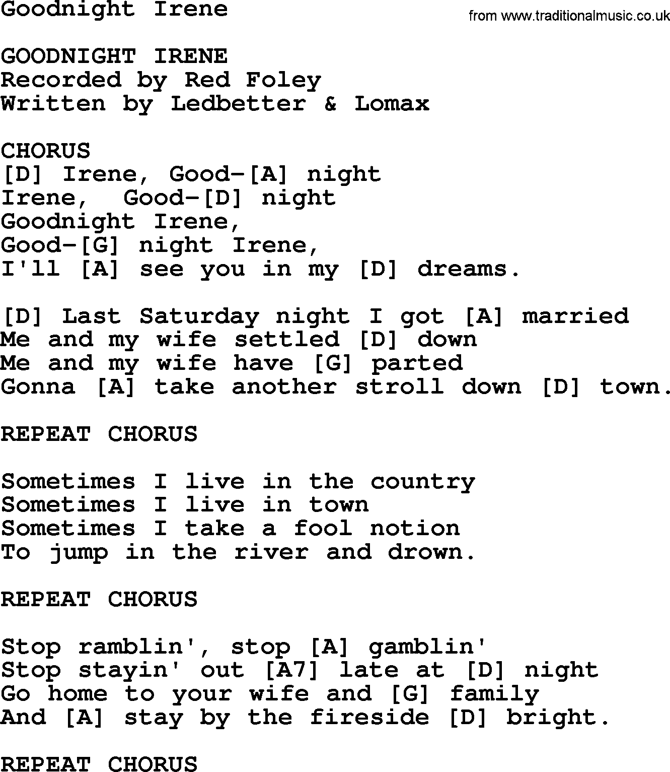 Bluegrass song: Goodnight Irene, lyrics and chords