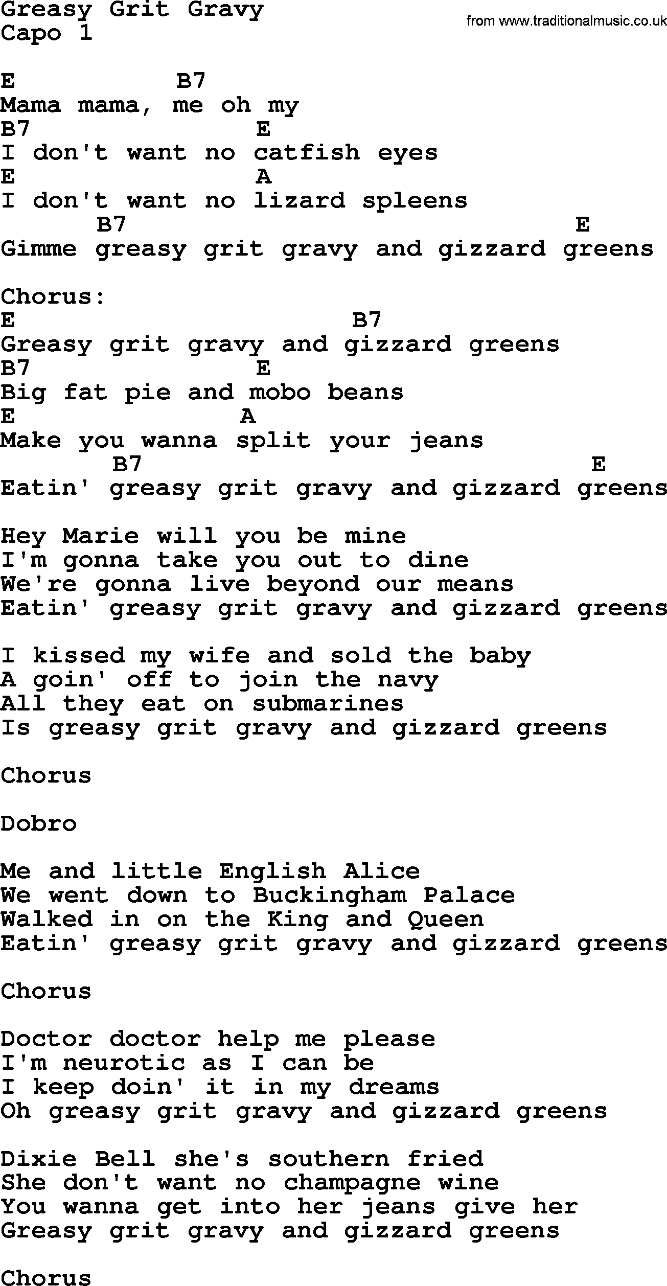 Bluegrass song: Greasy Grit Gravy, lyrics and chords
