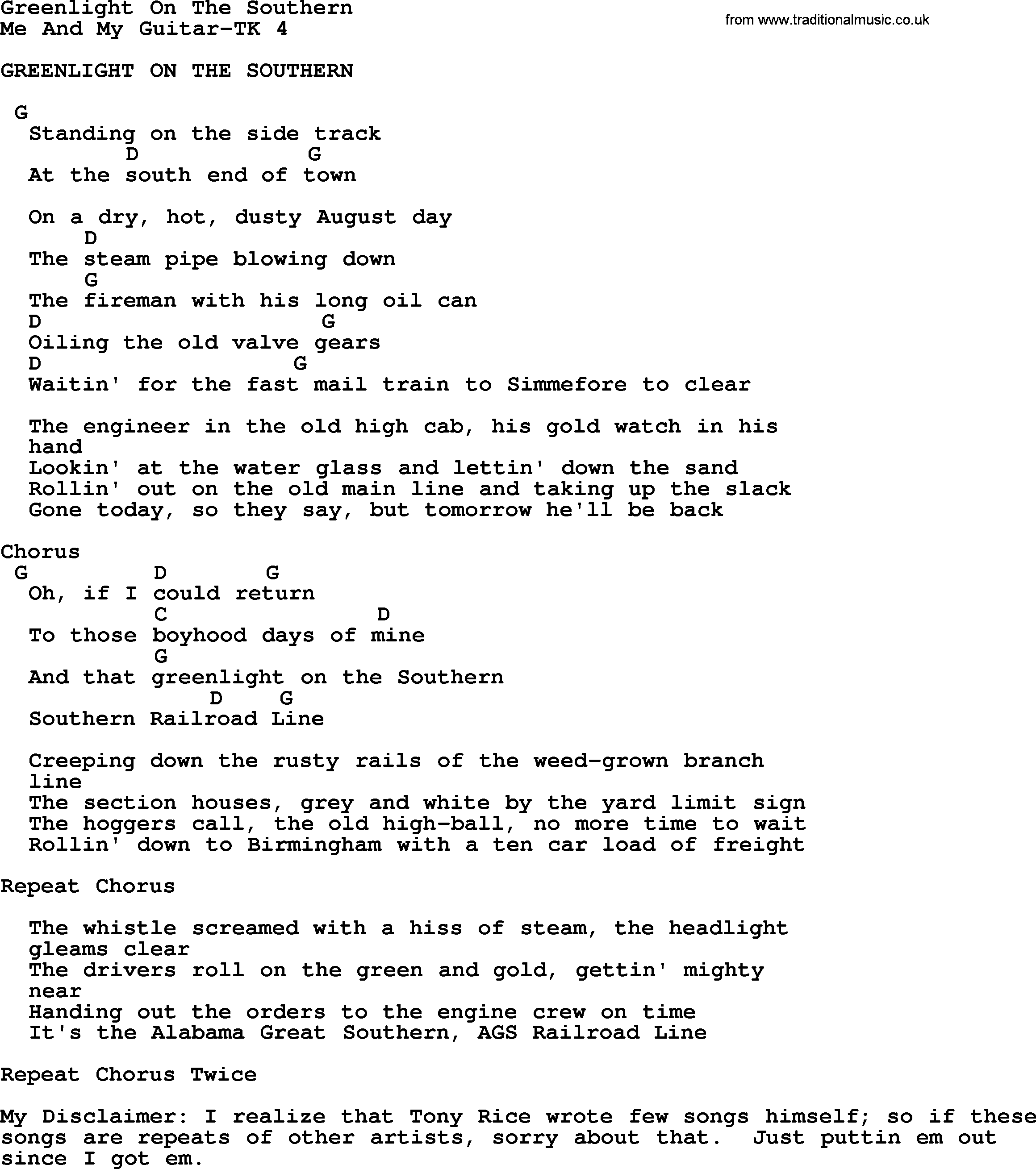 Greenlight On The Southern Bluegrass lyrics with chords