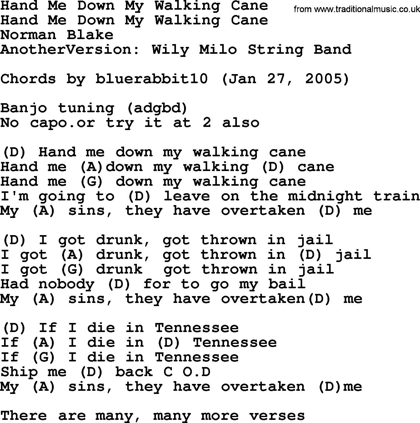 Bluegrass song: Hand Me Down My Walking Cane, lyrics and chords