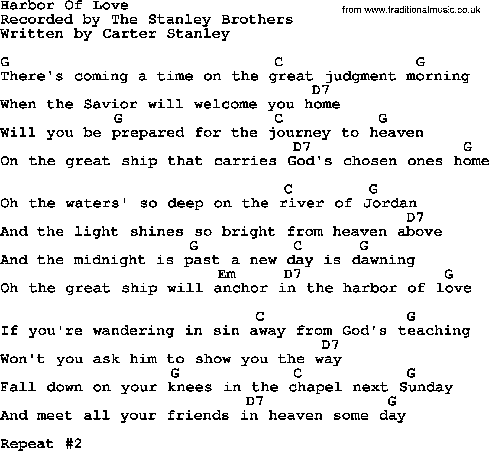 Bluegrass song: Harbor Of Love, lyrics and chords