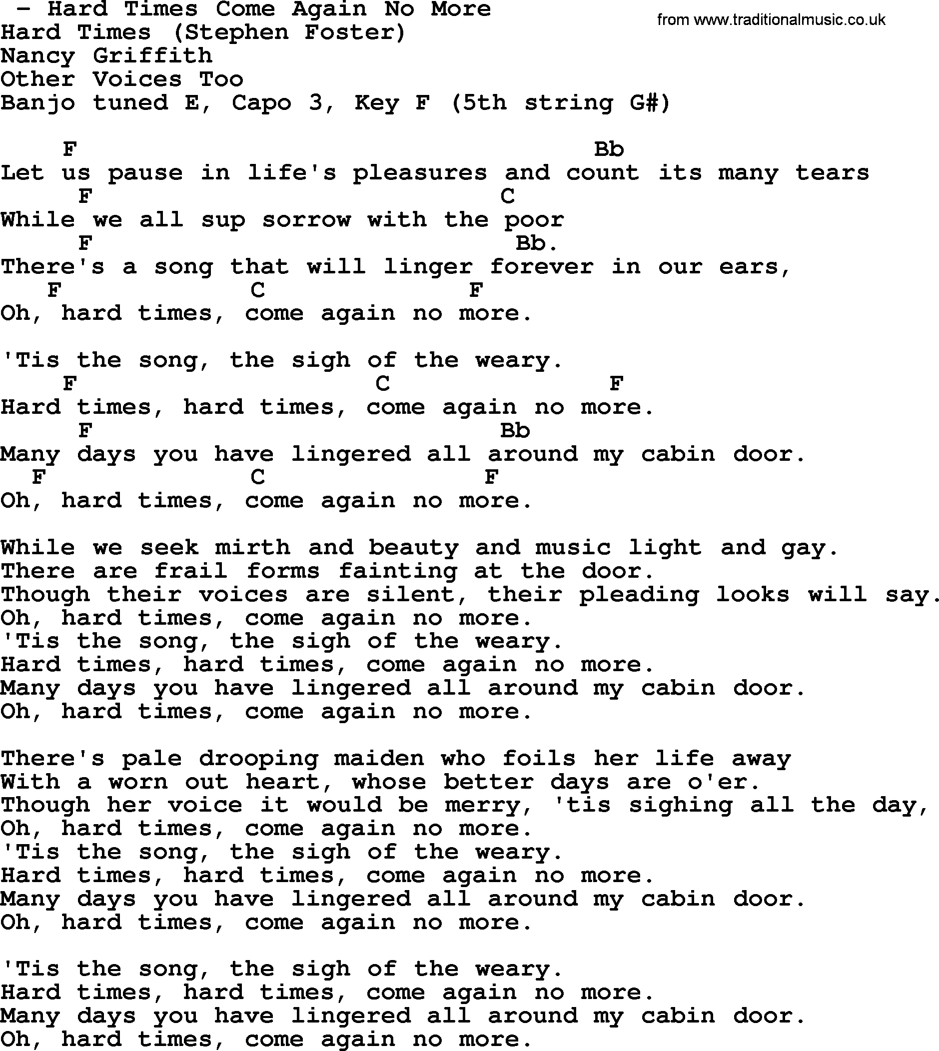 Bluegrass song: Hard Times Come Again No More, lyrics and chords
