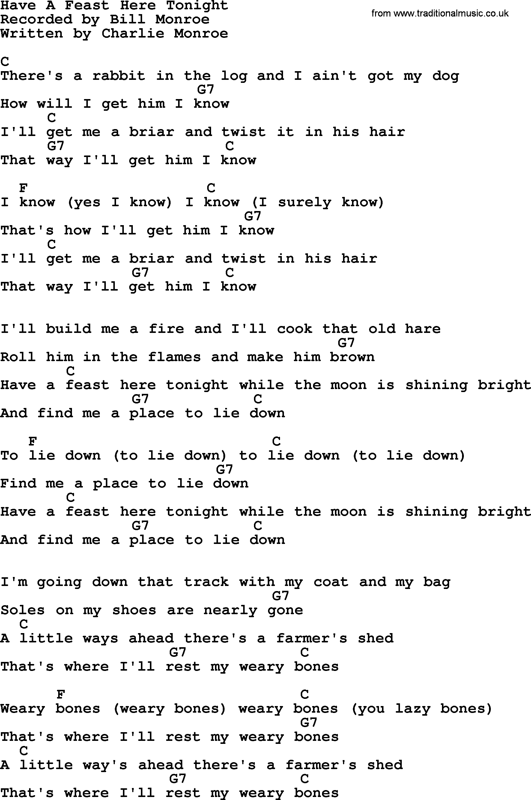 Bluegrass song: Have A Feast Here Tonight, lyrics and chords
