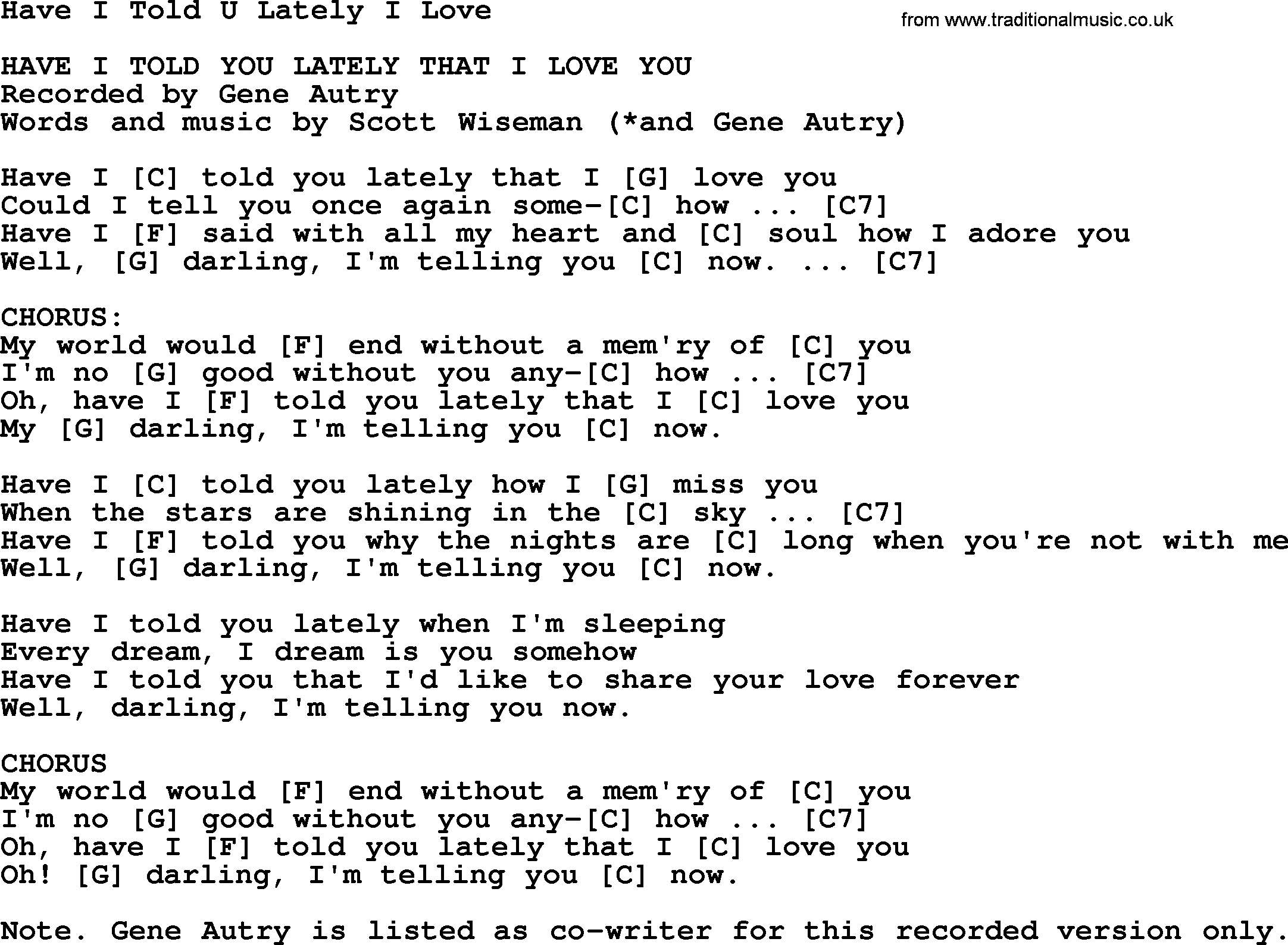 Bluegrass song: Have I Told U Lately I Love, lyrics and chords