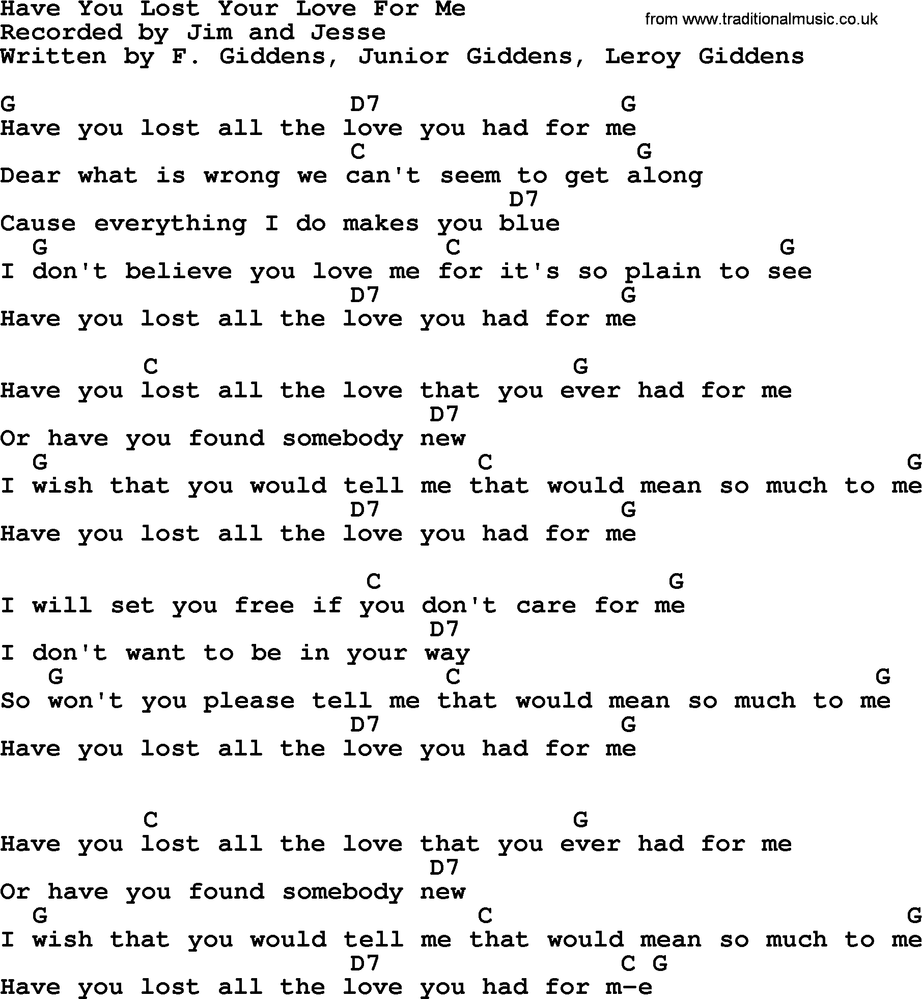 Bluegrass song: Have You Lost Your Love For Me, lyrics and chords