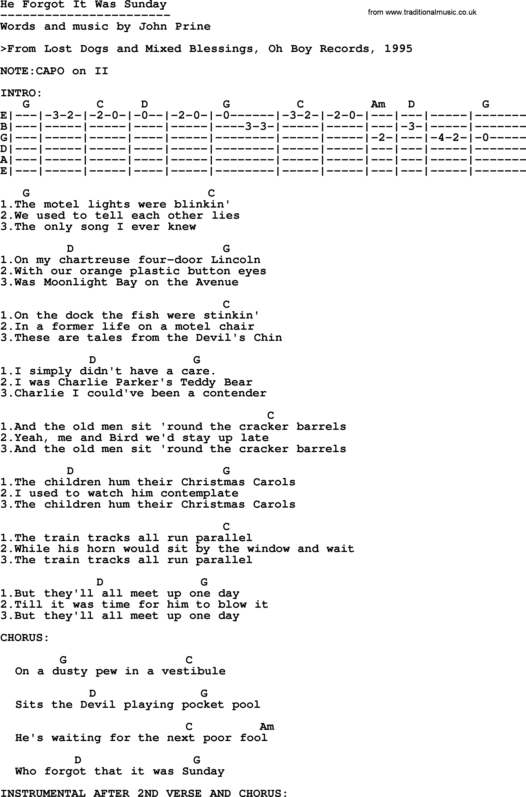 Bluegrass song: He Forgot It Was Sunday, lyrics and chords