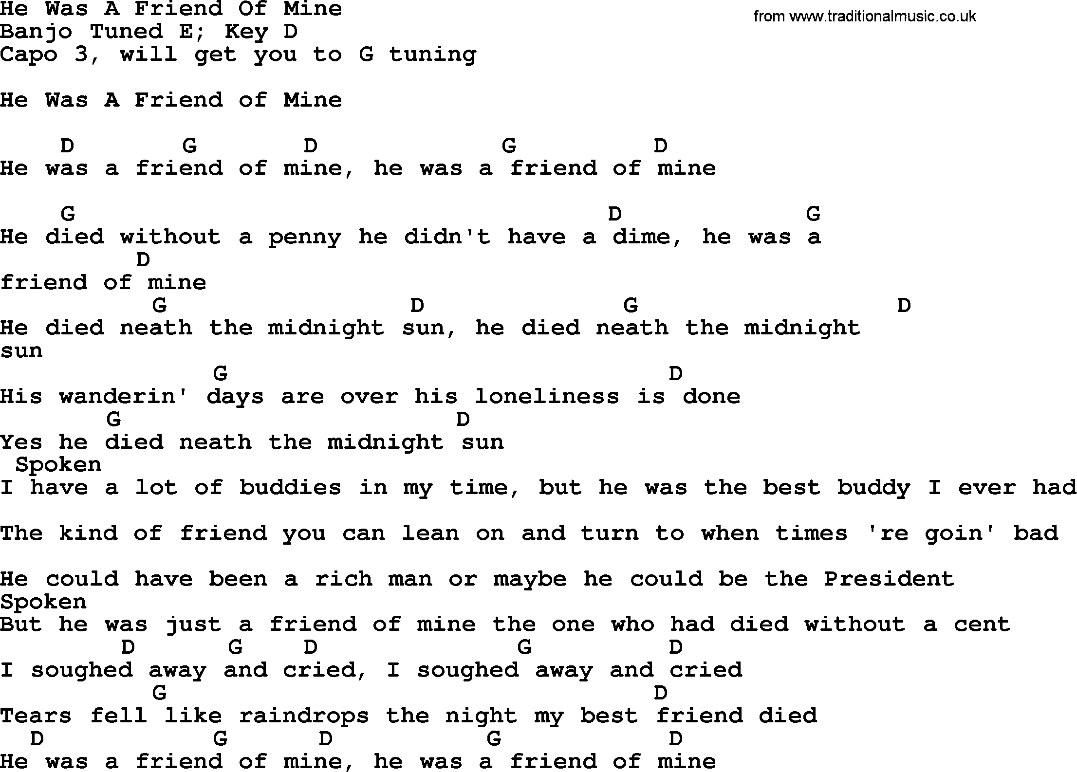 Bluegrass song: He Was A Friend Of Mine, lyrics and chords