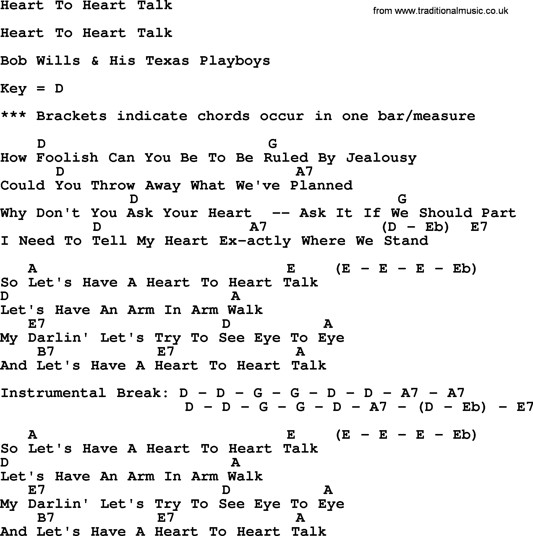 Bluegrass song: Heart To Heart Talk, lyrics and chords