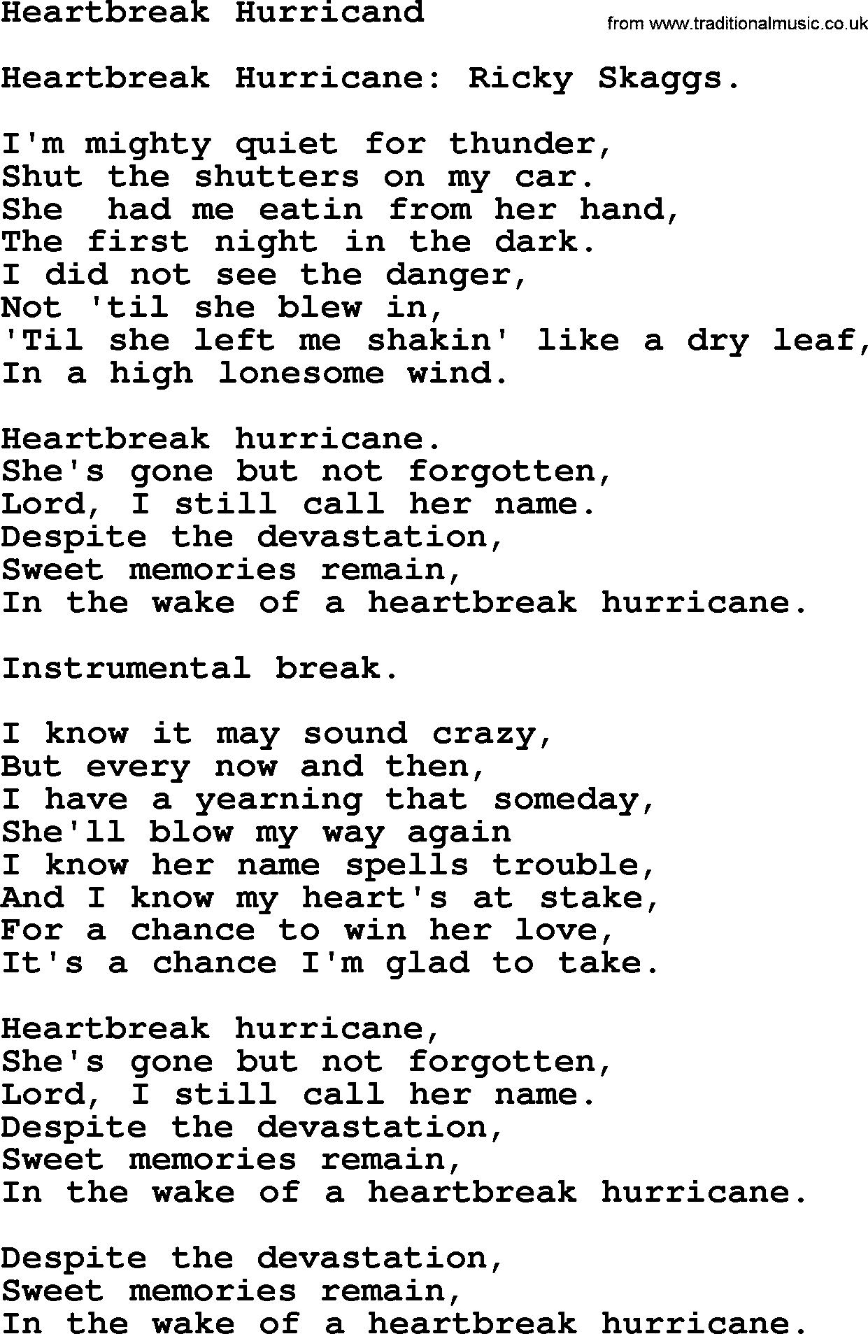 Bluegrass song: Heartbreak Hurricand, lyrics and chords