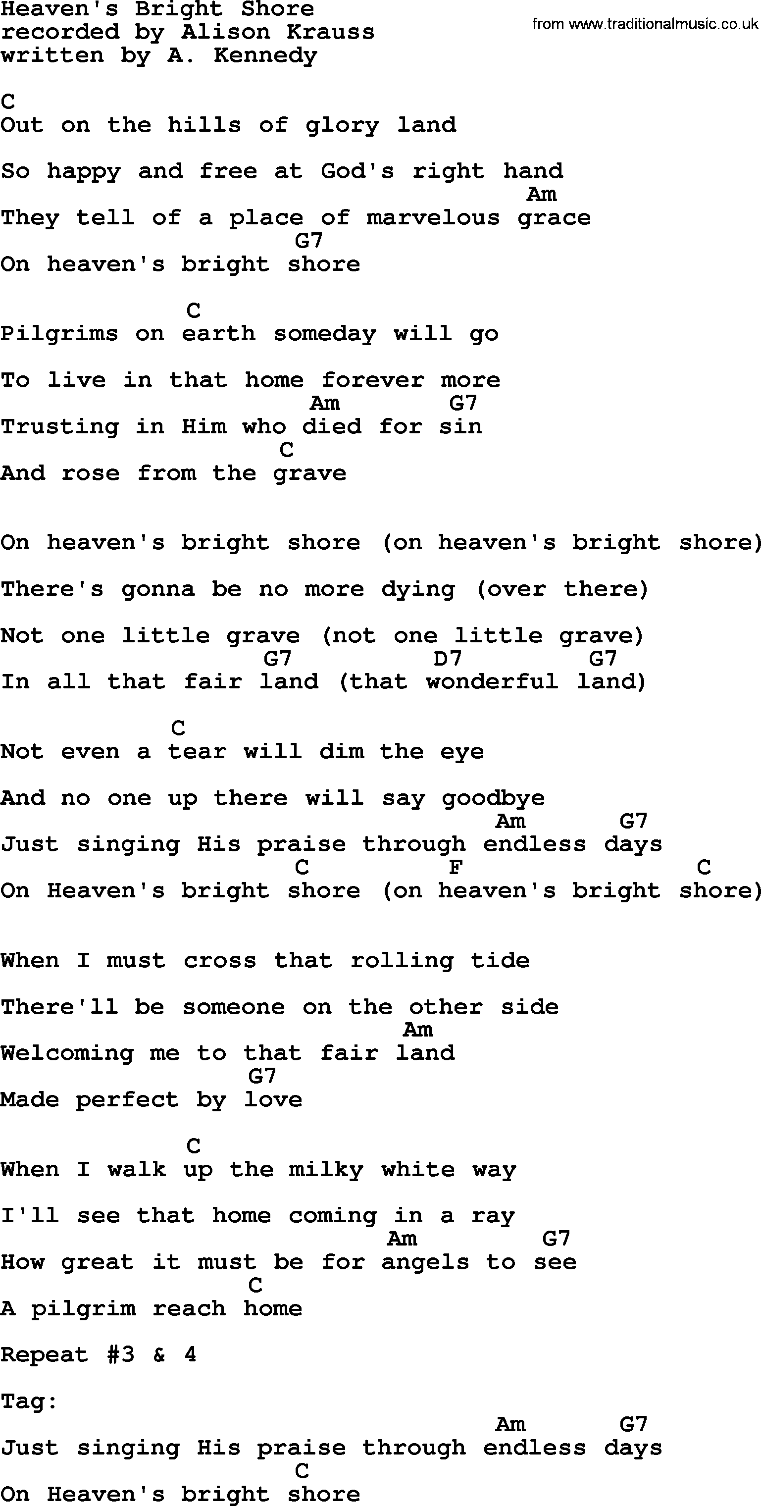 Bluegrass song: Heaven's Bright Shore 2, lyrics and chords