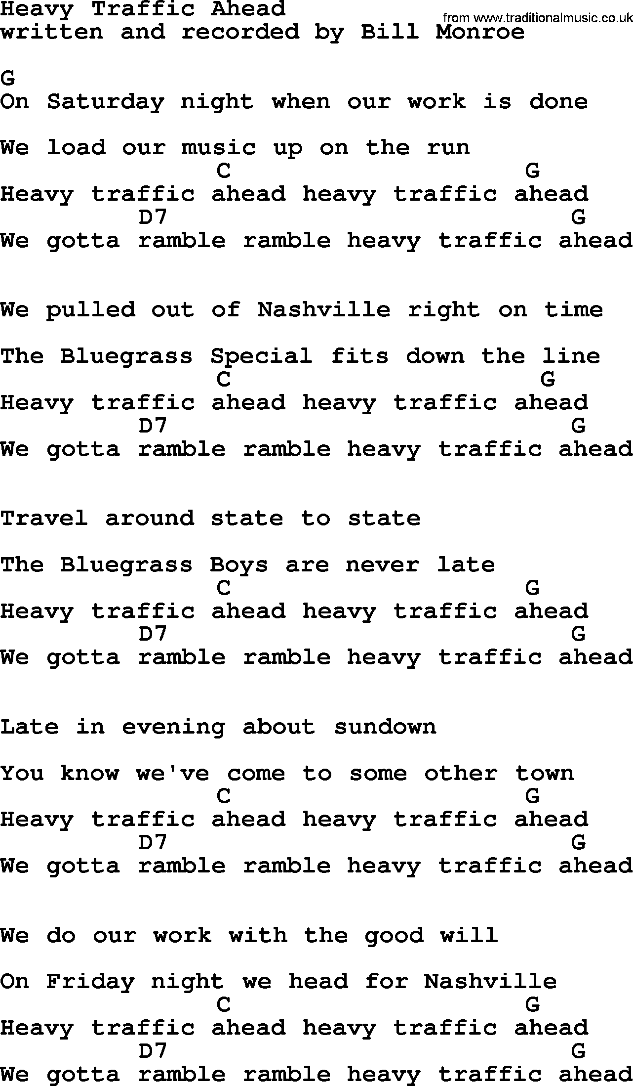 Bluegrass song: Heavy Traffic Ahead, lyrics and chords