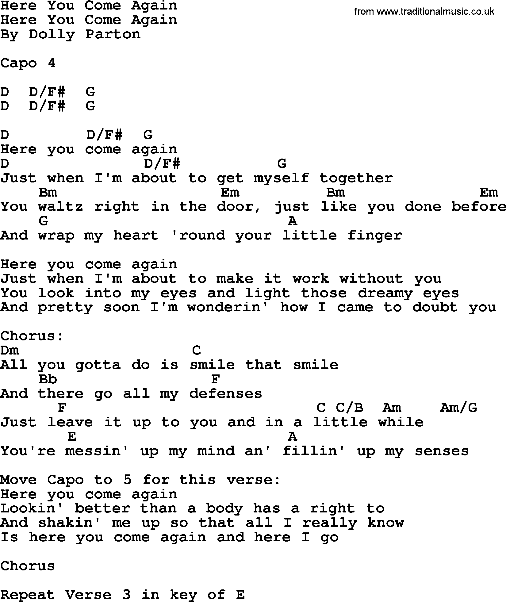 Bluegrass song: Here You Come Again, lyrics and chords
