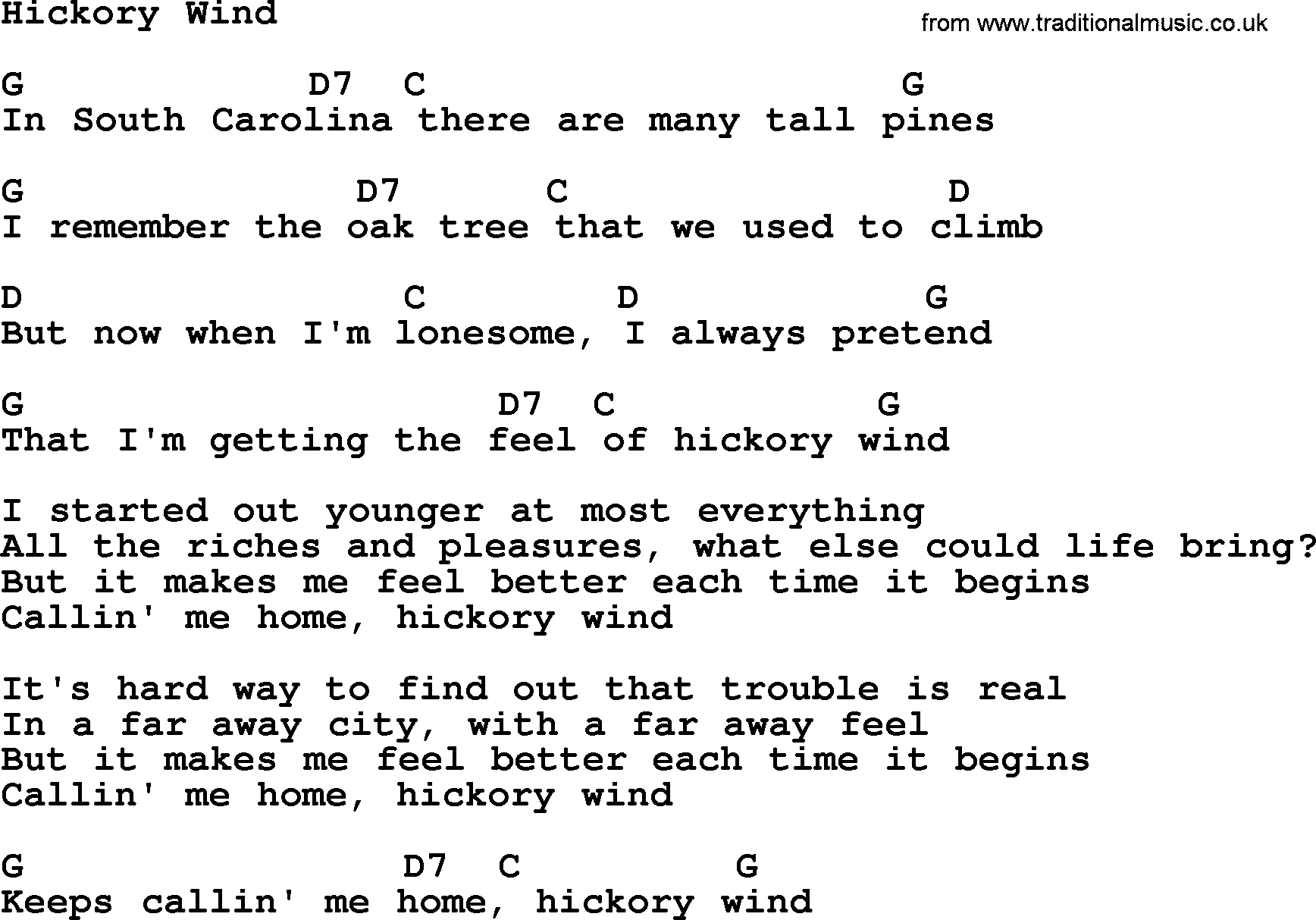 Bluegrass song: Hickory Wind, lyrics and chords