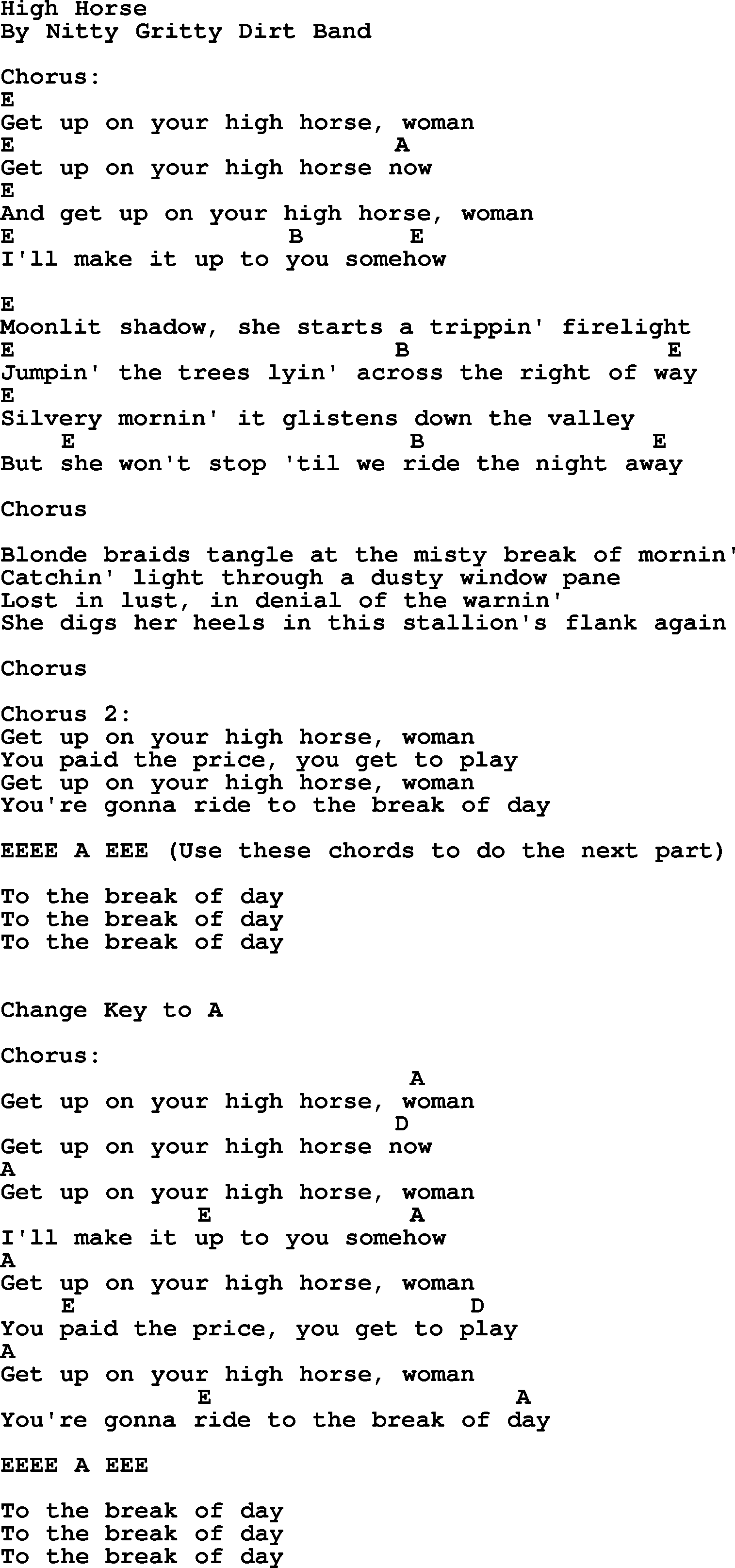 Bluegrass song: High Horse, lyrics and chords