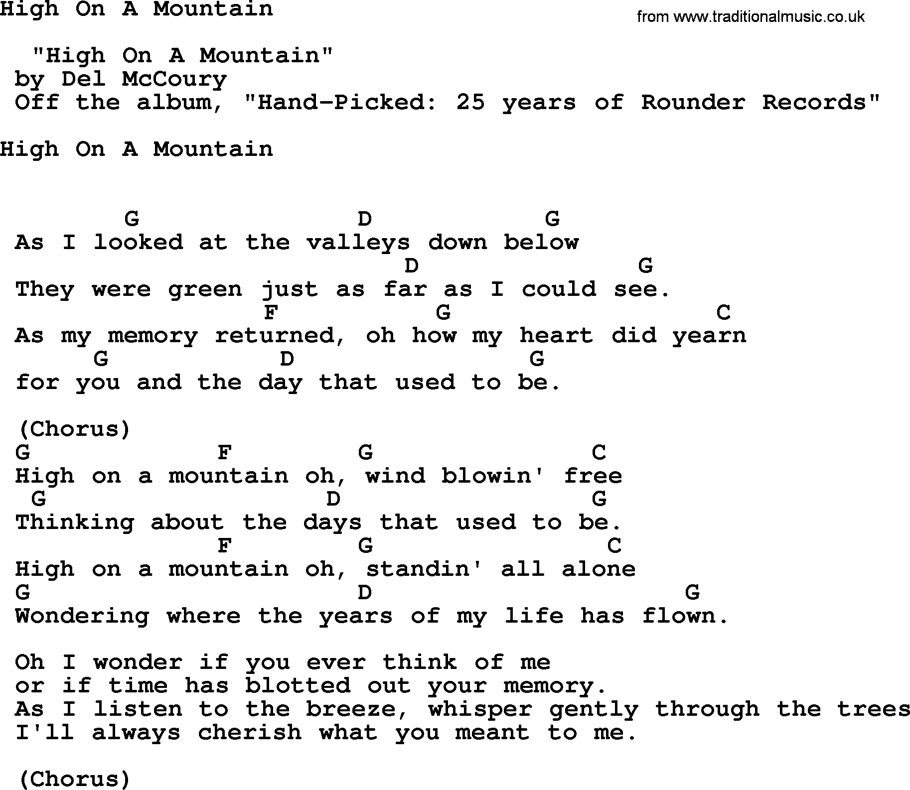 Bluegrass song: High On A Mountain, lyrics and chords