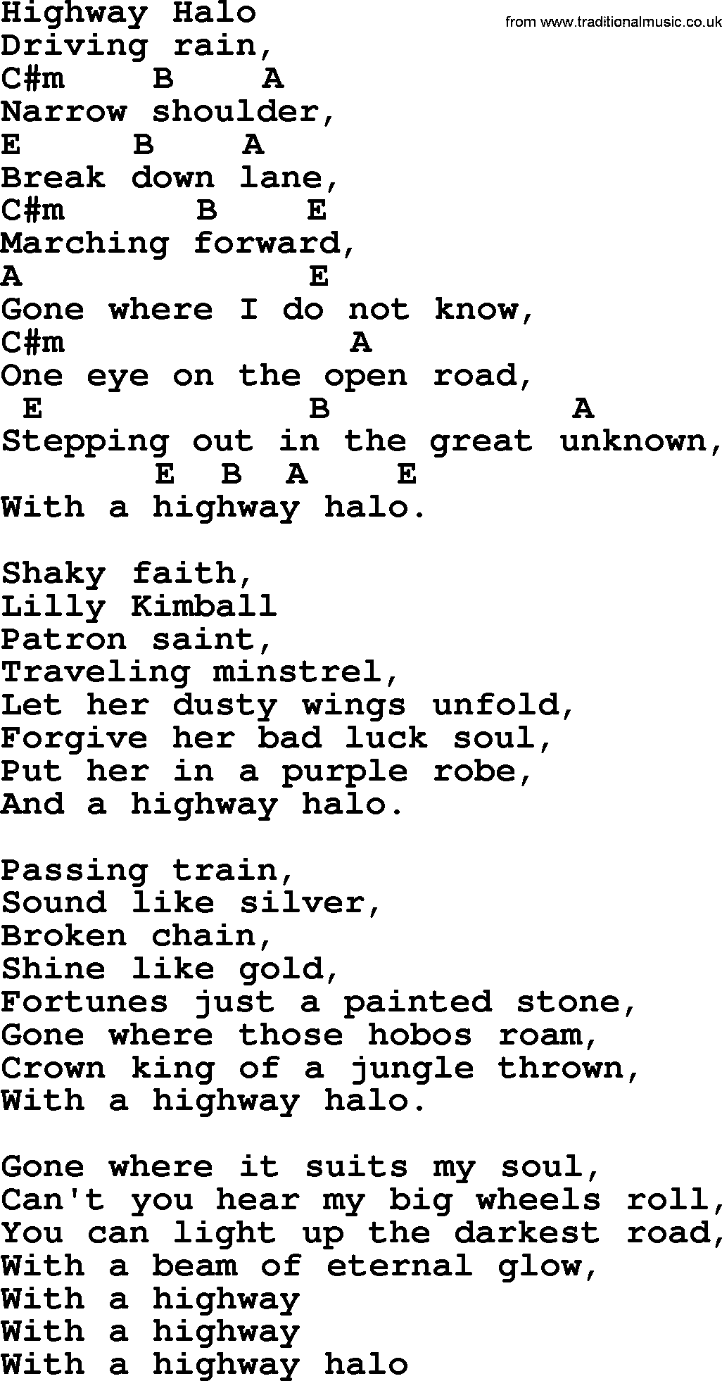 Bluegrass song: Highway Halo, lyrics and chords