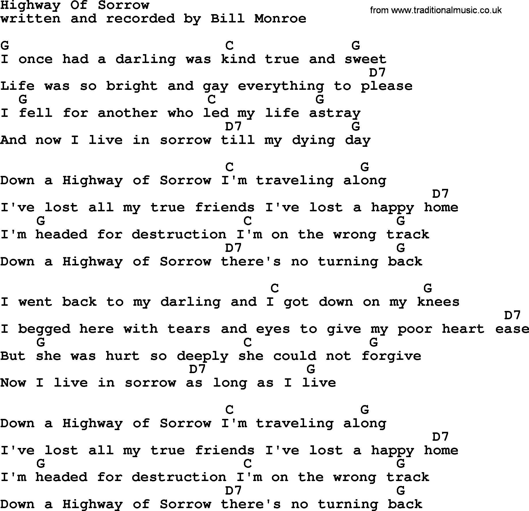 Bluegrass song: Highway Of Sorrow, lyrics and chords