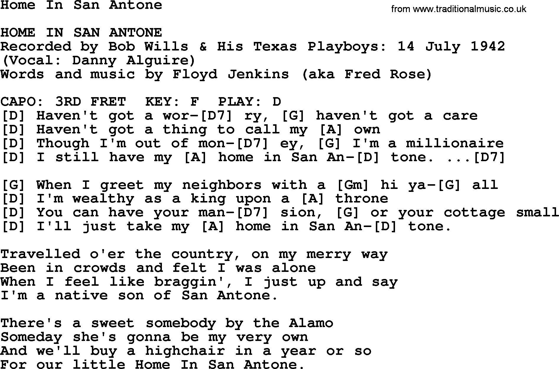 Bluegrass song: Home In San Antone, lyrics and chords