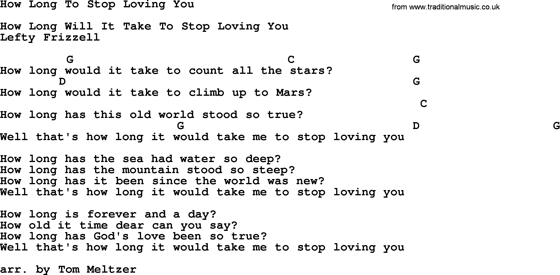 Bluegrass song: How Long To Stop Loving You, lyrics and chords