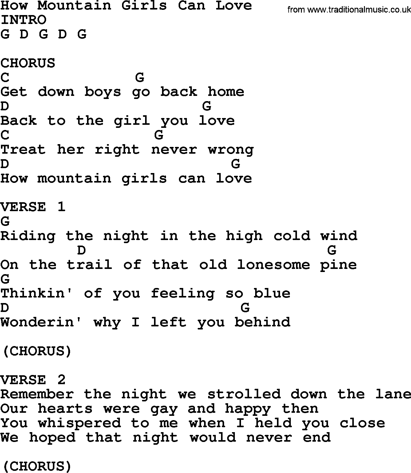 Bluegrass song: How Mountain Girls Can Love, lyrics and chords