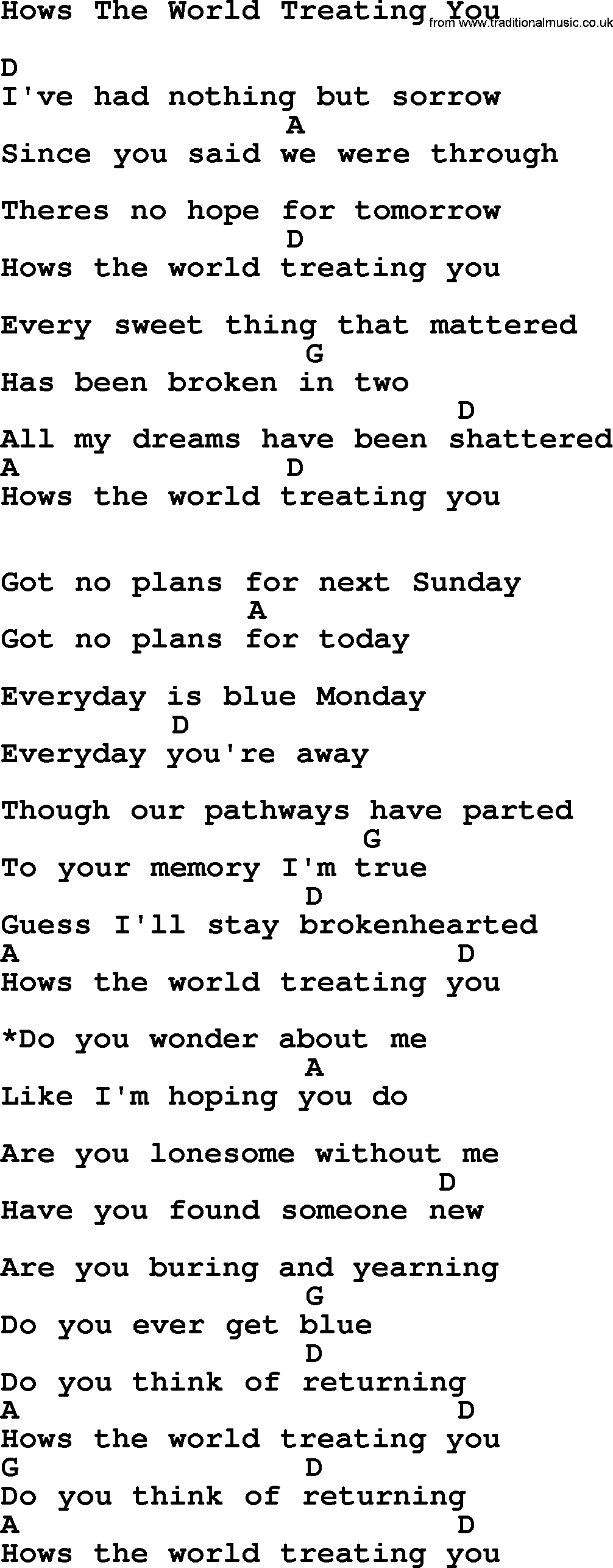 Bluegrass song: Hows The World Treating You, lyrics and chords