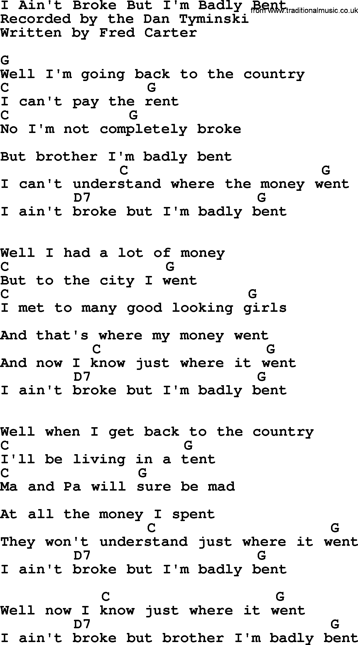 Bluegrass song: I Ain't Broke But I'm Badly Bent, lyrics and chords