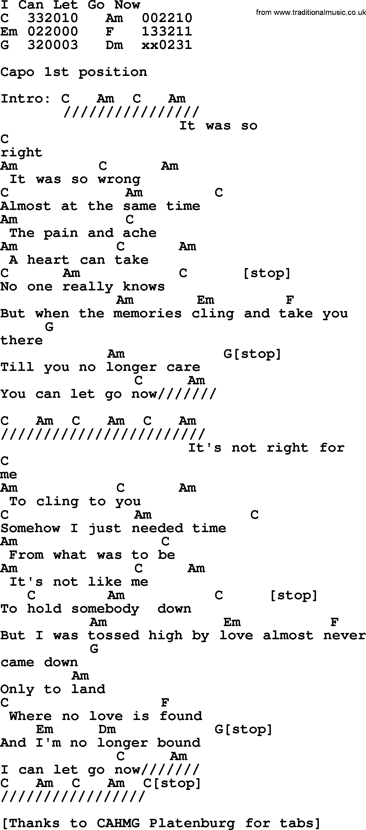 Bluegrass song: I Can Let Go Now, lyrics and chords