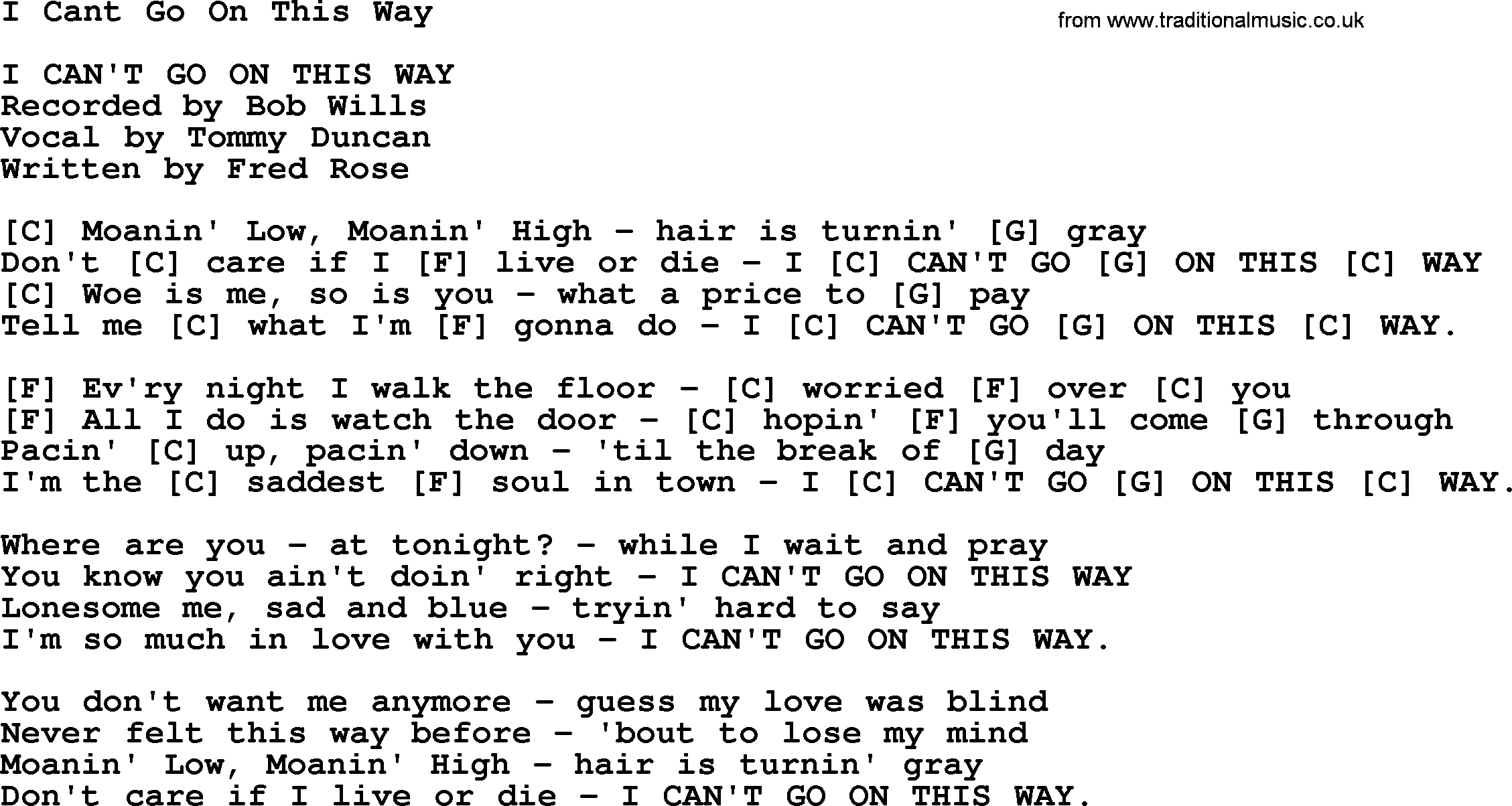 Bluegrass song: I Cant Go On This Way, lyrics and chords