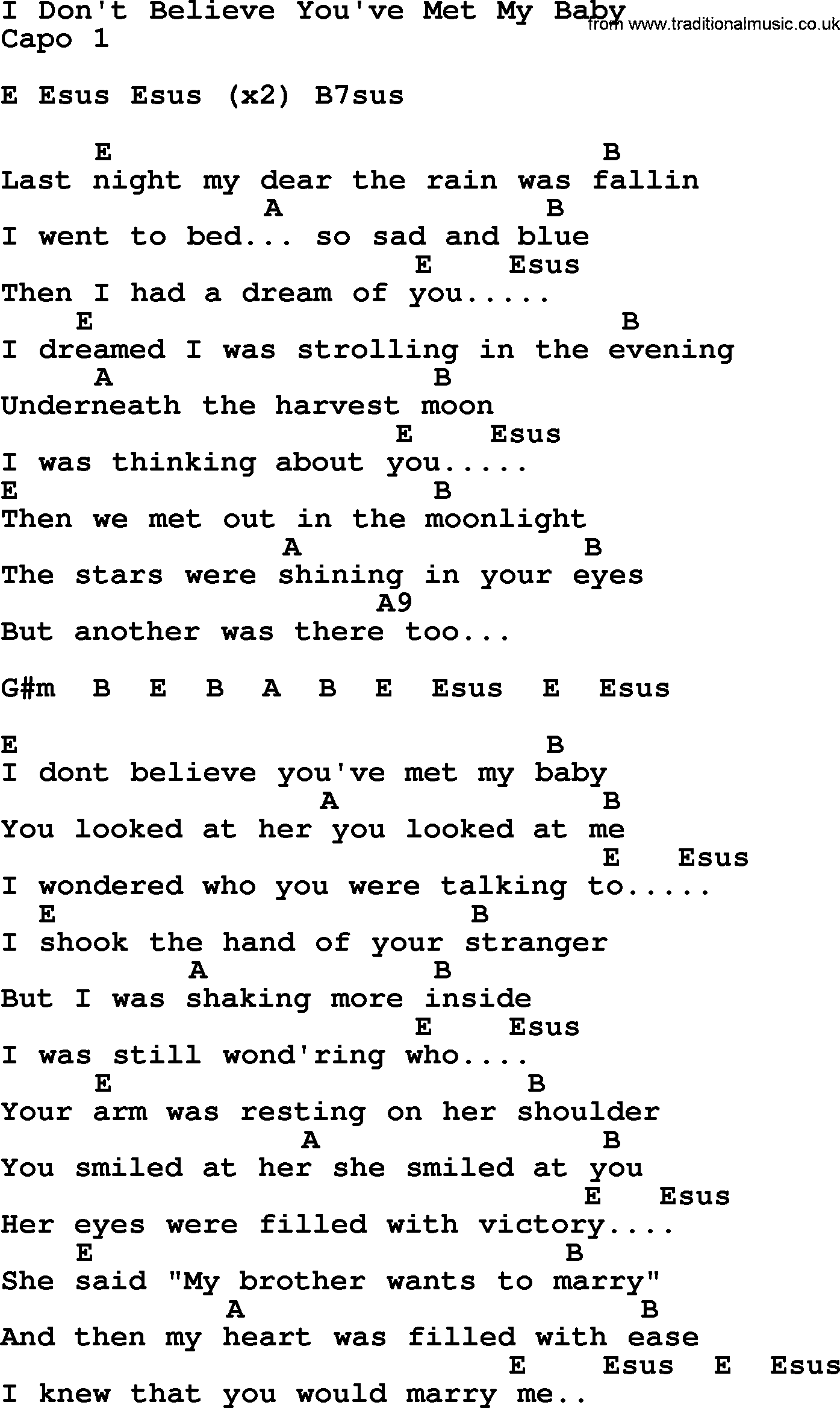 Bluegrass song: I Don't Believe You've Met My Baby, lyrics and chords
